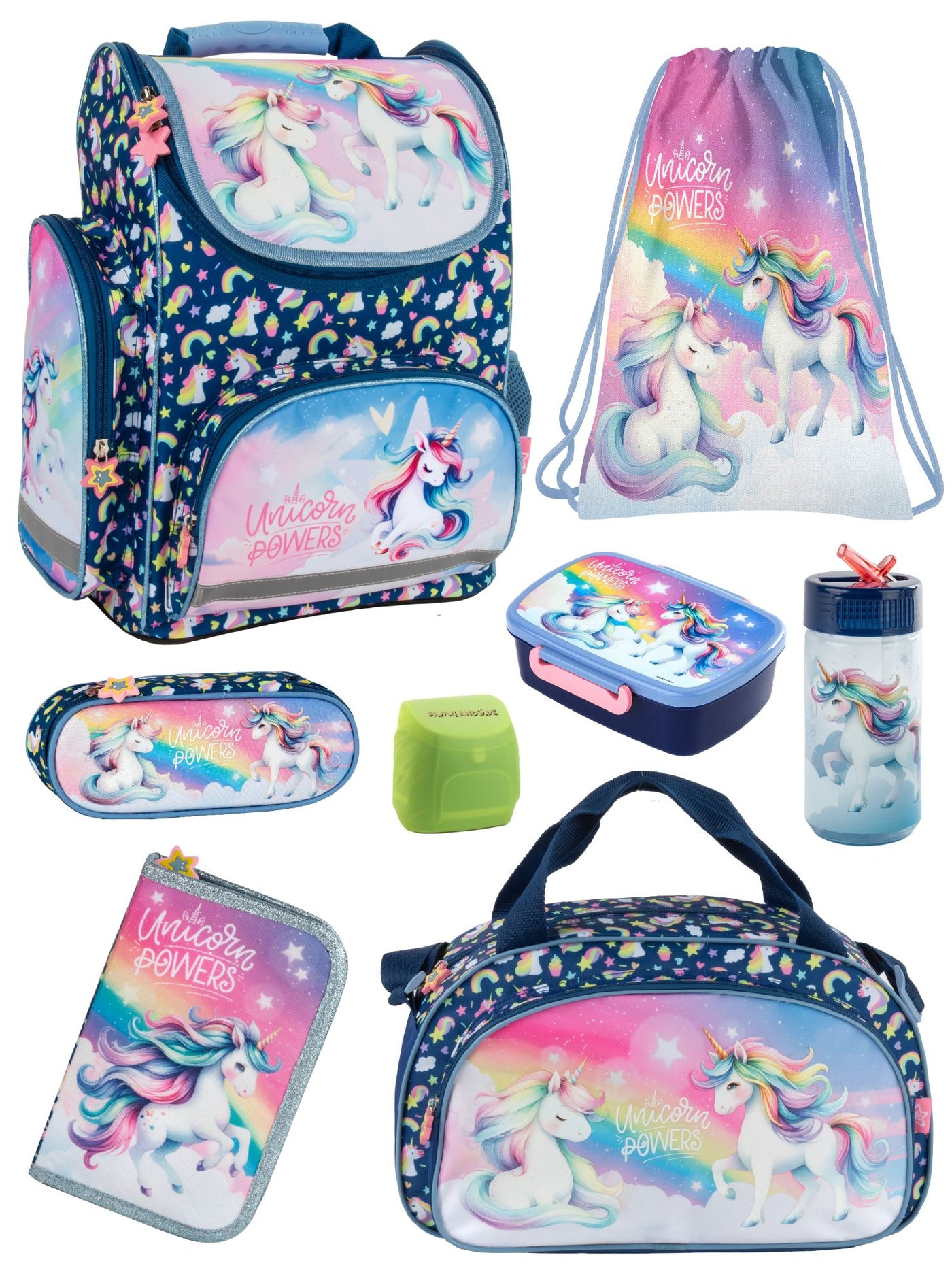 Familando Einhorn Schulranzen Set, Unicorn Power, blau rosa - Schultasche ab. 1 Klasse