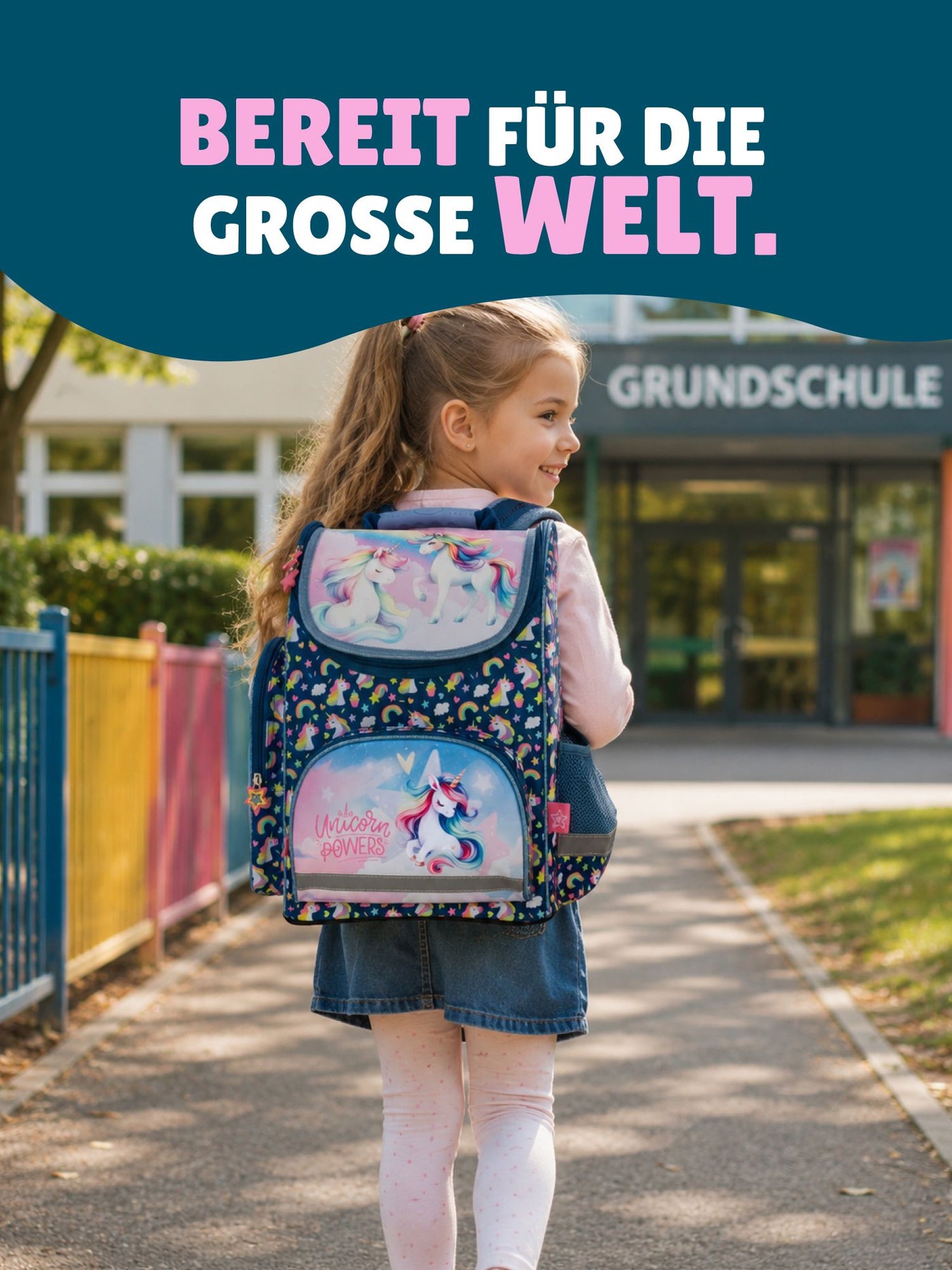 Familando Einhorn Schulranzen Set, Unicorn Power, blau rosa - Schultasche ab. 1 Klasse