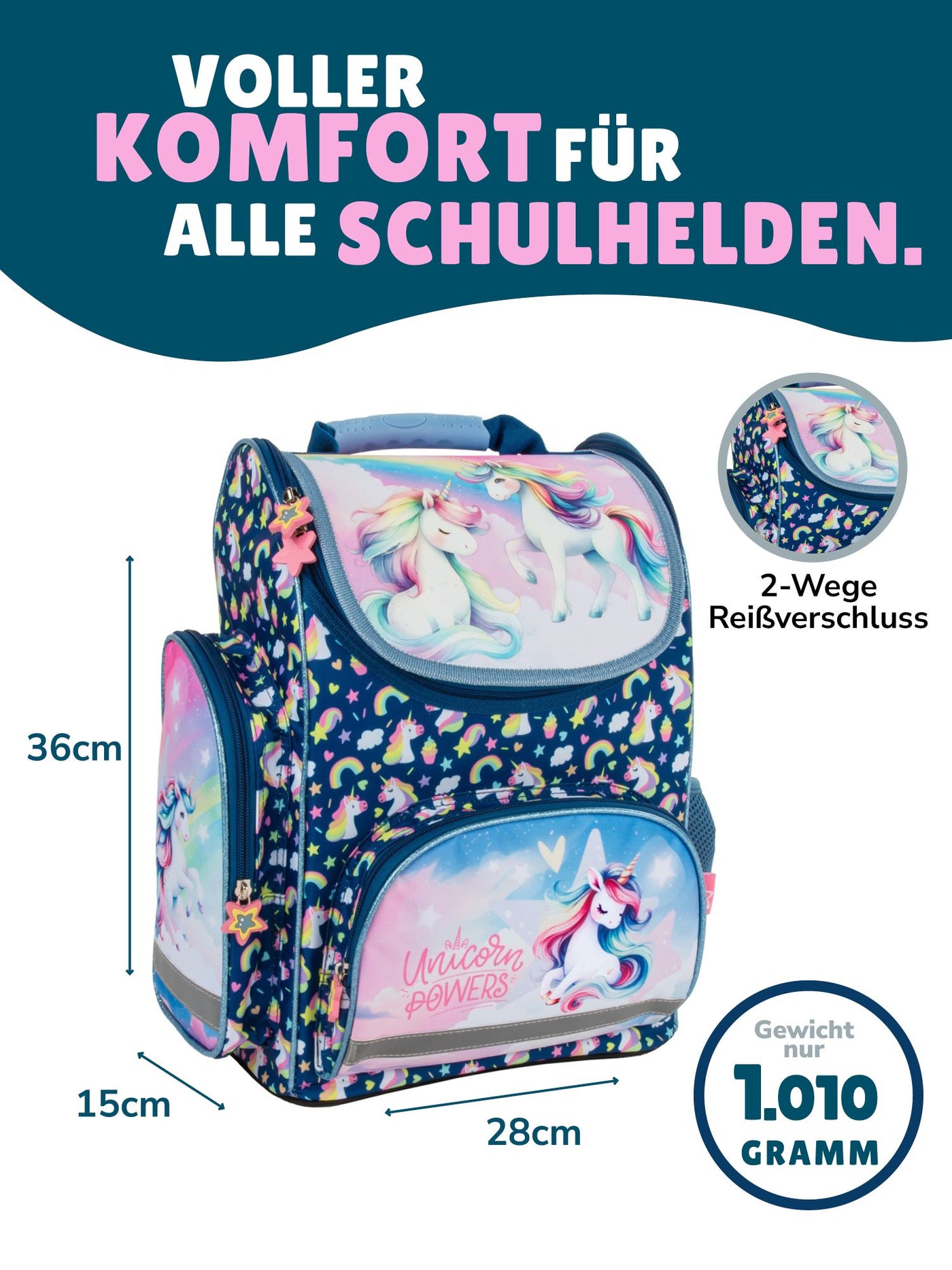 Familando Einhorn Schulranzen Set, Unicorn Power, blau rosa - Schultasche ab. 1 Klasse
