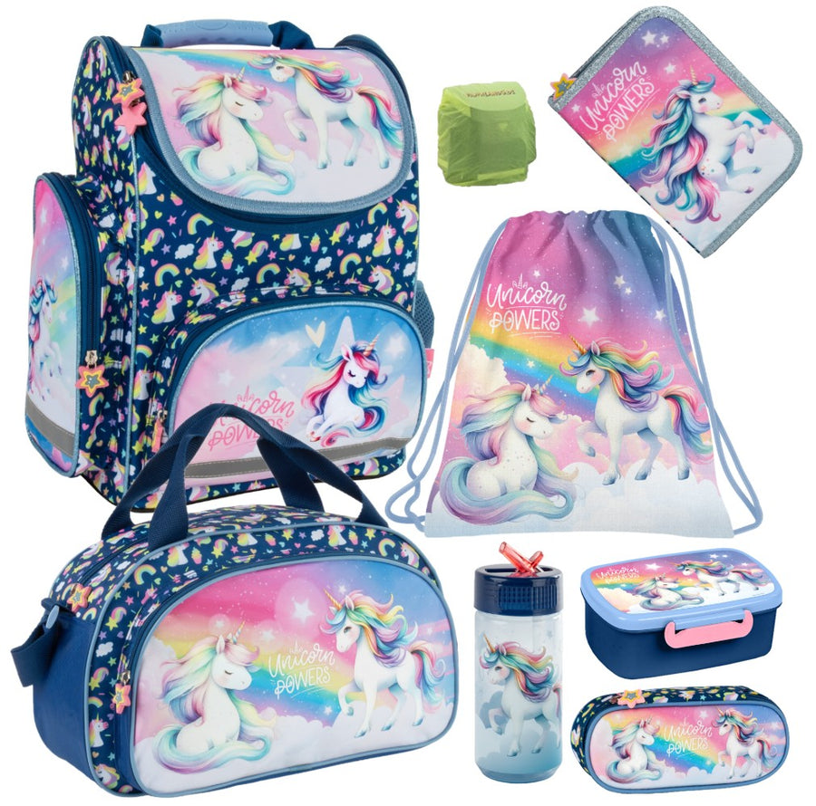 Einhorn Schulranzen Set 8-teilig mit Federmäppchen und Sporttasche