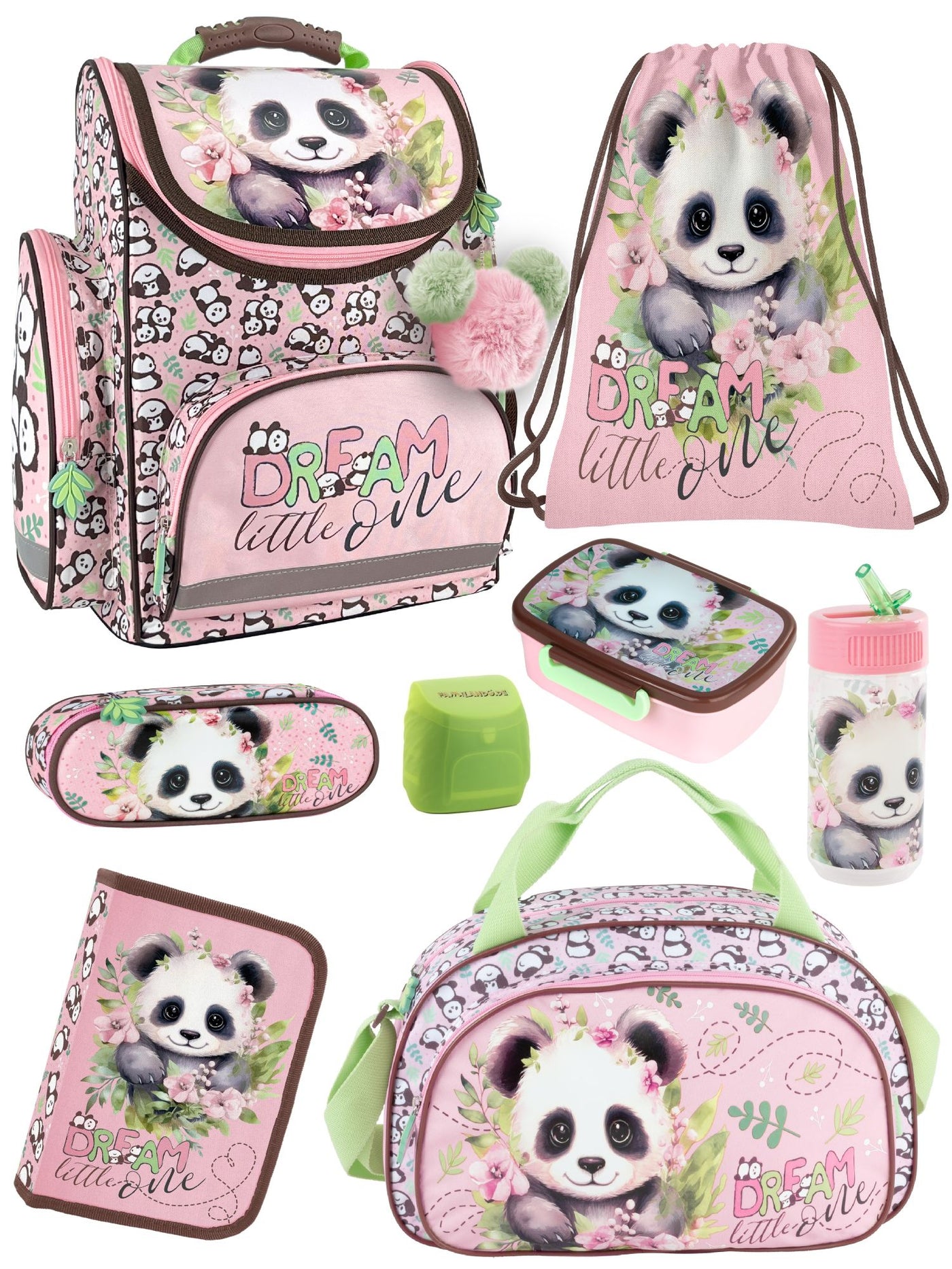 Familando Panda Bär Schulranzen Set 8-teilig, rosa - Schultasche ab. 1 Klasse