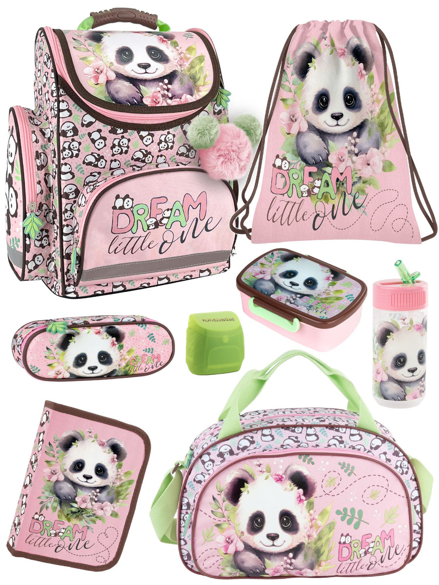 Familando Panda Bär Schulranzen Set 8-teilig, rosa - Schultasche ab. 1 Klasse