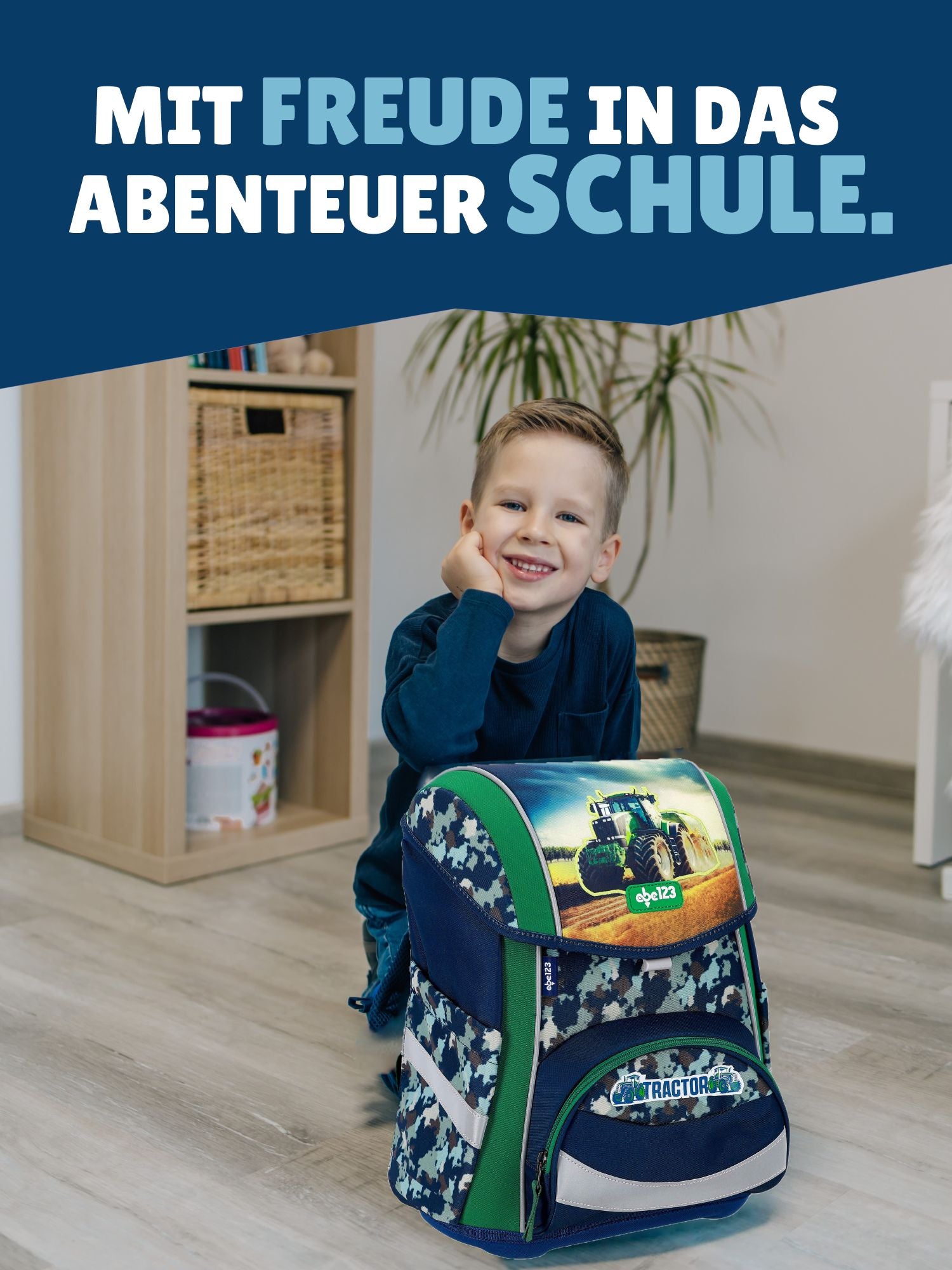 ABC123 Ergonomic Schulranzen Set Traktor, blau grün - Bulldog Schultasche ab 1. Klasse