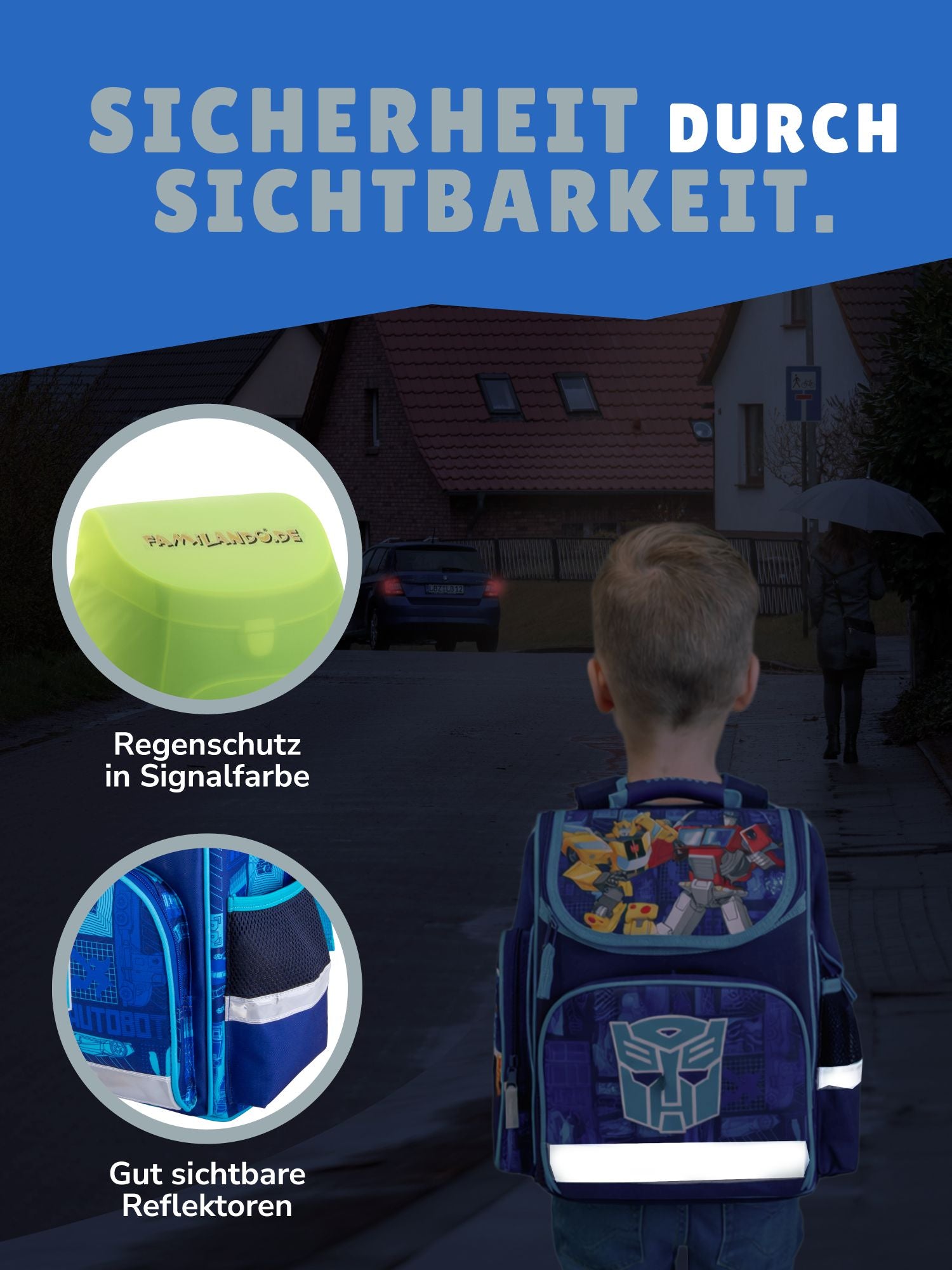 Junge läuft auf dunkler Straße mit Schulranzen, die Reflektoren sind gut zu sehen