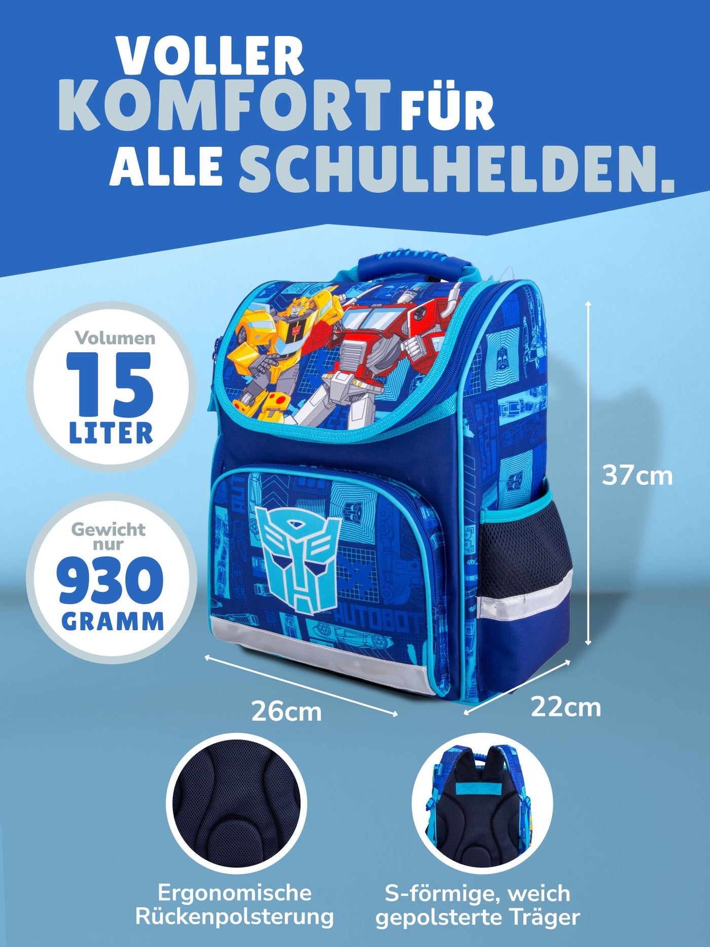 Ansicht Schulranzen Frontal mit Infos zu Volumen 15 Liter, Gewicht 930 Gramm und gepolstertem Rückenbett