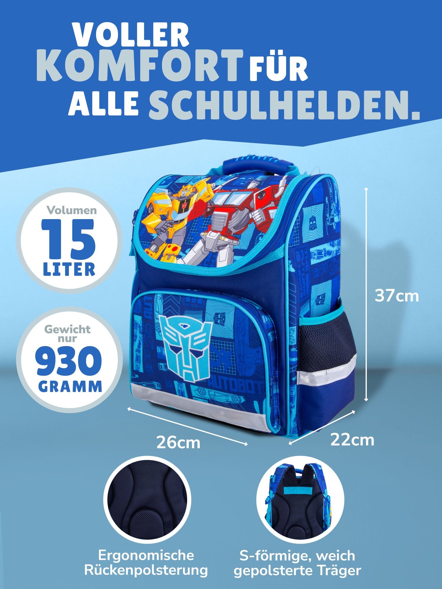 Ansicht Schulranzen Frontal mit Infos zu Volumen 15 Liter, Gewicht 930 Gramm und gepolstertem Rückenbett