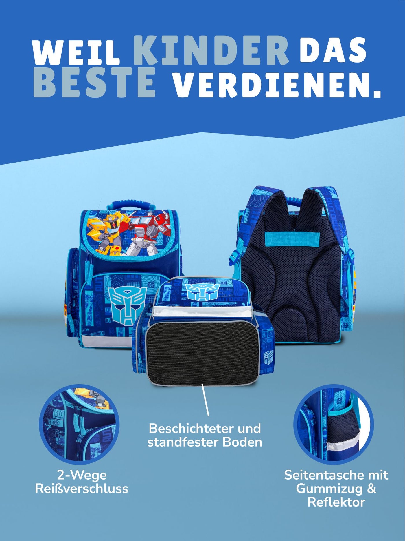 3er Ansicht Schulranzen Front-, Rück- und Unterseite - Infos zum 2-Wege-Reißverschluss und wasserabweisendem Boden