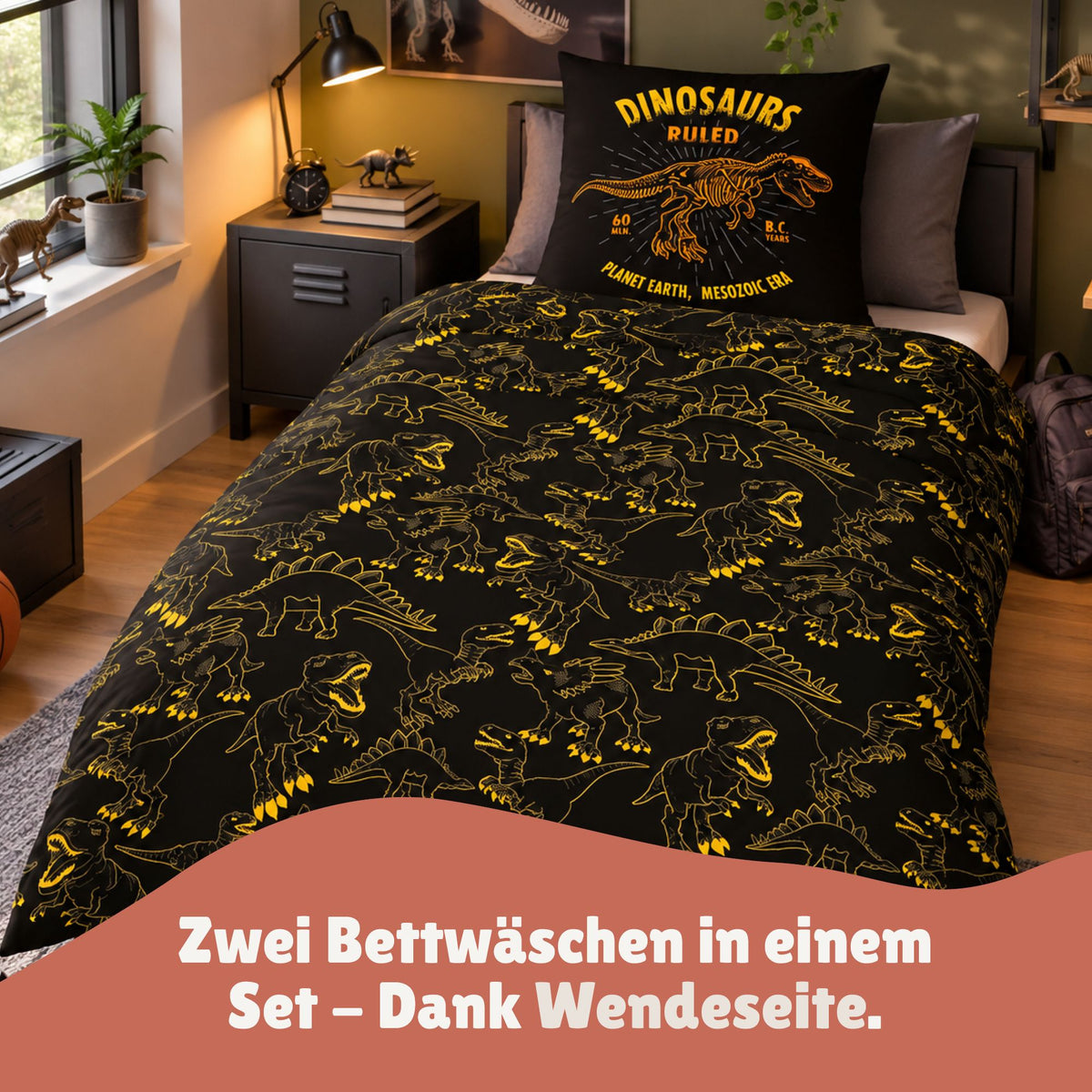 Dinosaurier Bettwäsche Set 2-teilig 135x200 80x80cm - Dino Bettwäsche für Jungen aus 100% Baumwolle mit Reißverschluss - maschinenwaschbar, Öko-Tex