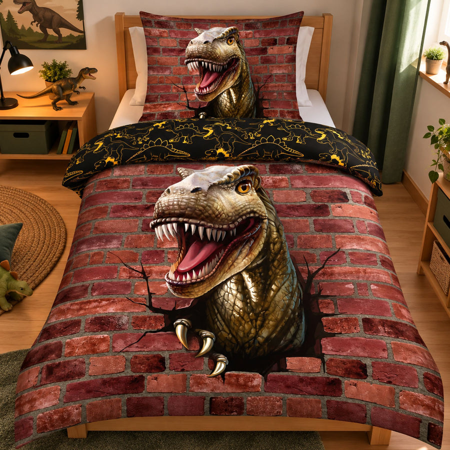 Dinosaurier Bettwäsche mit T-REX 3D Motiv das durch Wand bricht auf Bett gezogen