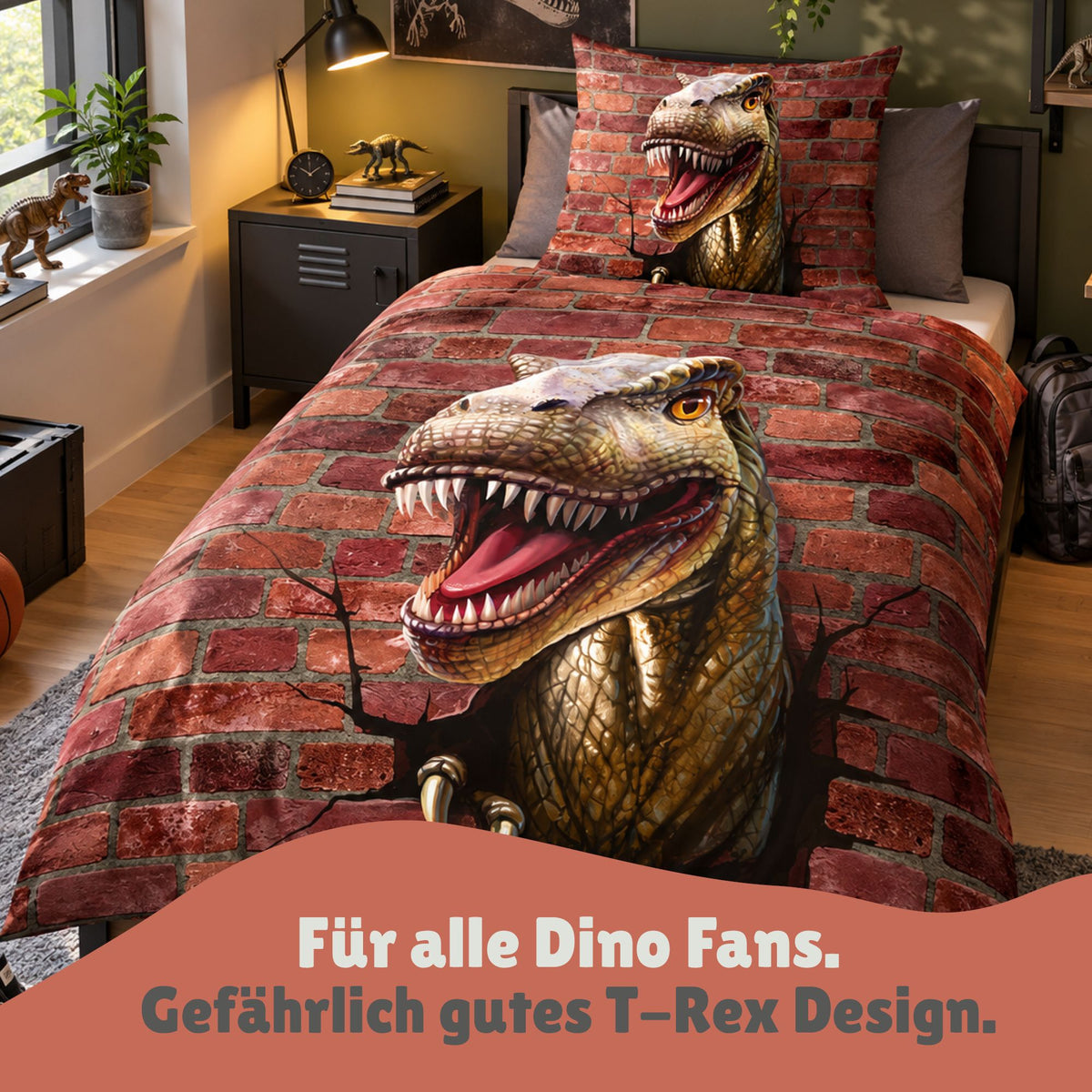 Detailansicht Vorderseite und Kissen mit T-Rex der durch Backsteinwand bricht