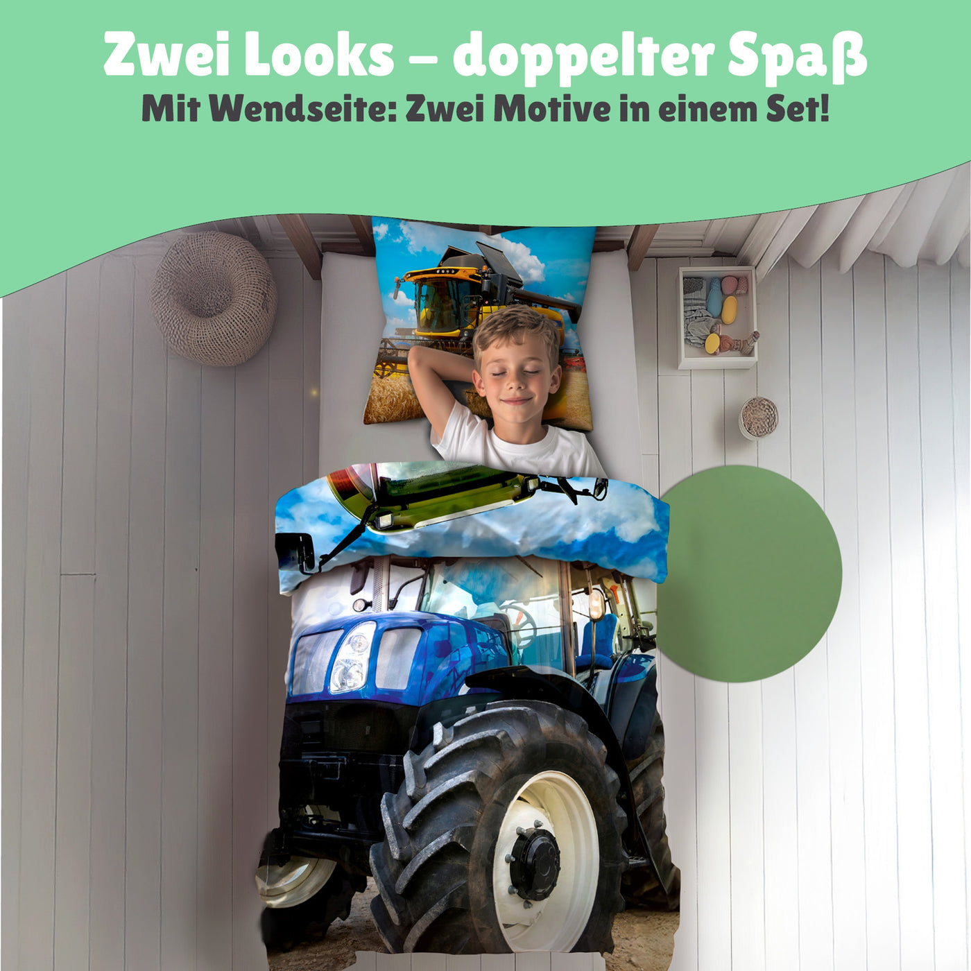 Traktor Mähdrescher Bettwäsche mit Wendemotiv beide Seiten nebeneinander dargestellt