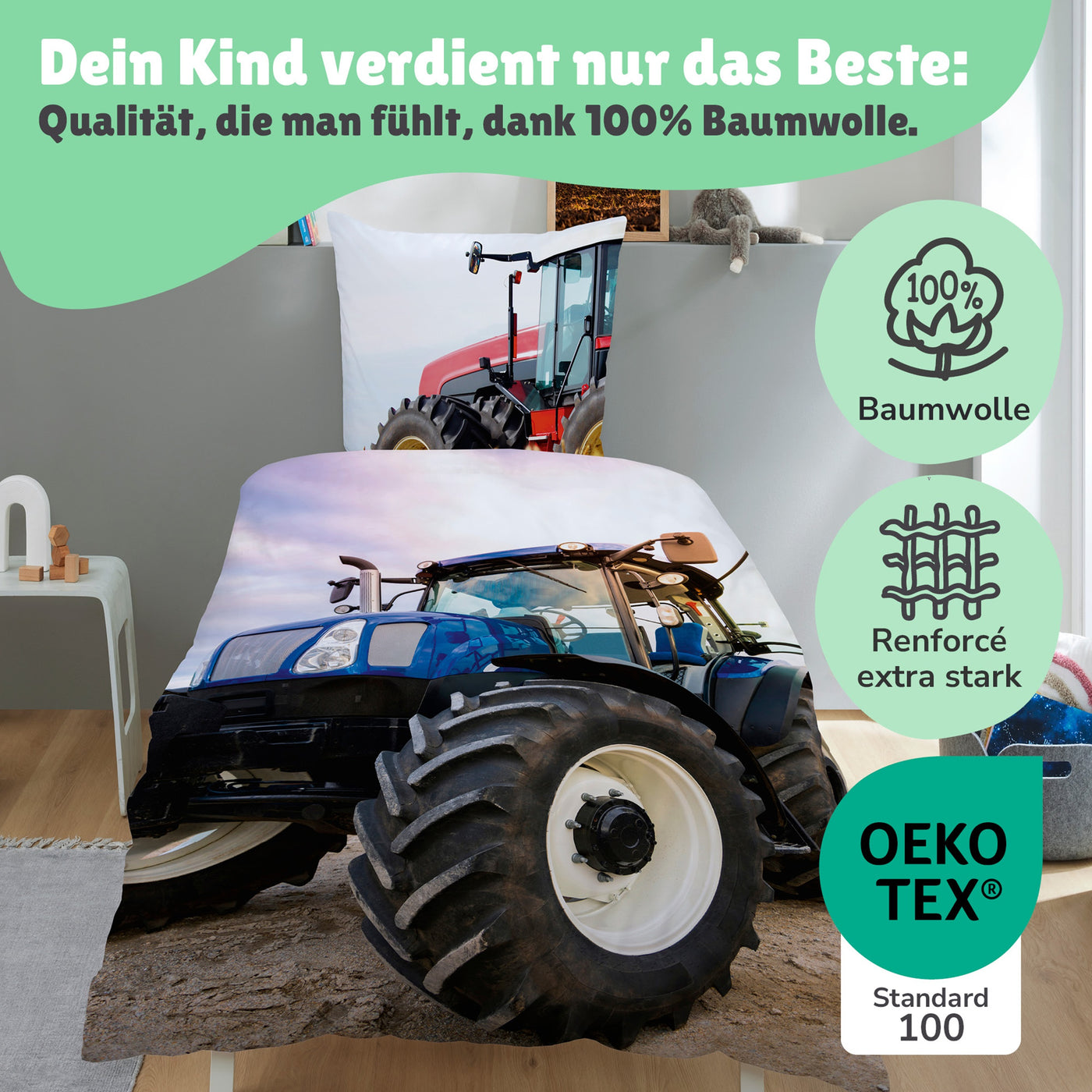 Rückseite mit grünem Traktor auf Bettdecke und rotem Mähdrescher auf Kopfkissen