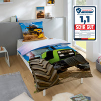 Traktor Mähdrescher Bettwäsche mit Wendemotiv beide Seiten nebeneinander dargestellt mit Text