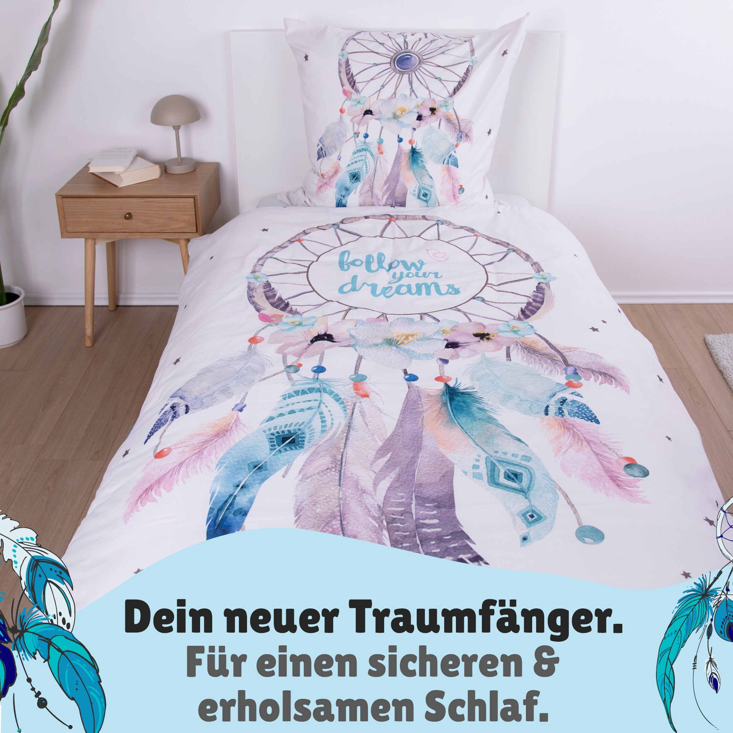 Traumfänger Bettwäsche Set 2-teilig, türkis, 135x200 80x80 cm - Bettwäsche, Öko-Tex aus 100% Baumwolle mit Reißverschluss