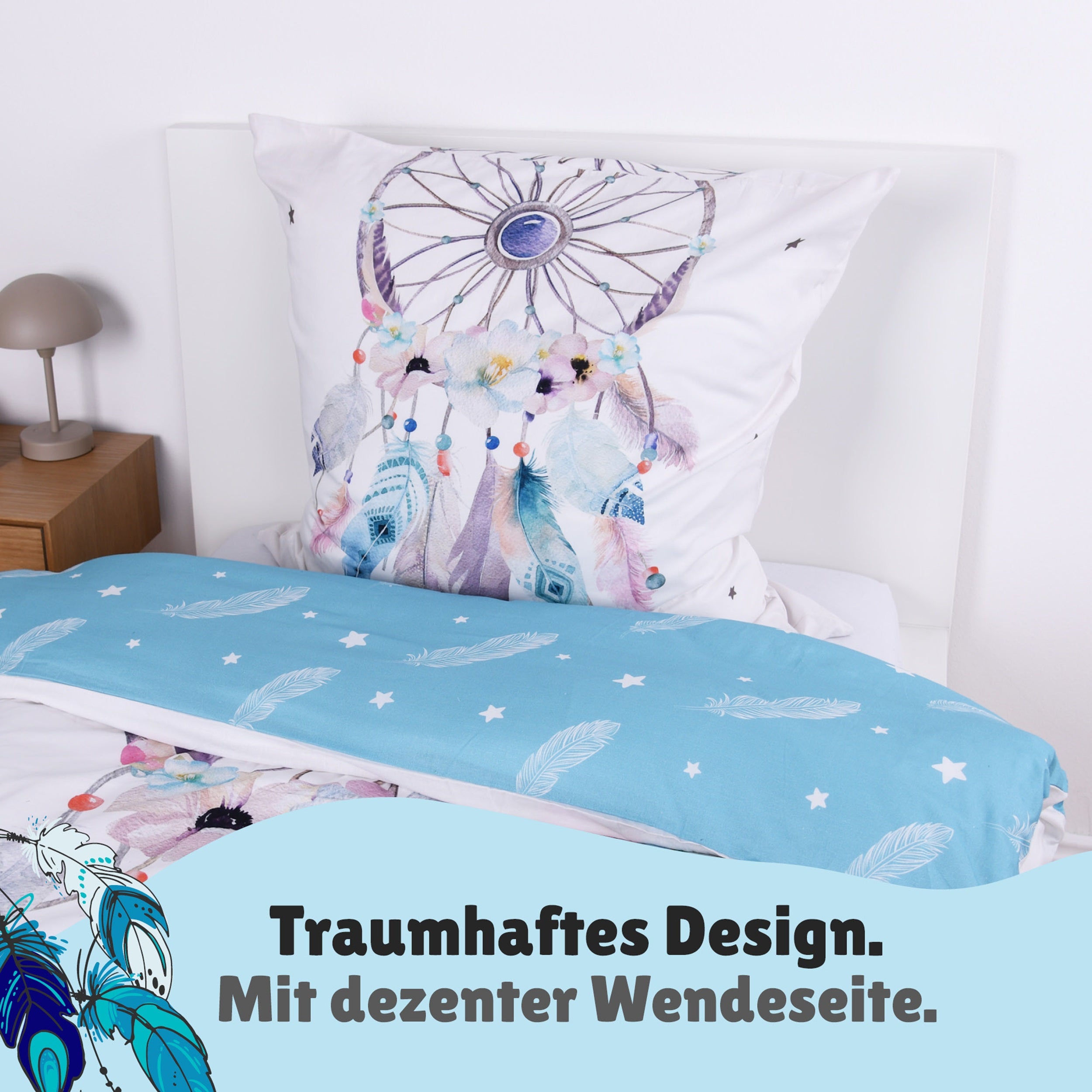 Traumfänger Bettwäsche Set 2-teilig, türkis, 135x200 80x80 cm - Bettwäsche, Öko-Tex aus 100% Baumwolle mit Reißverschluss