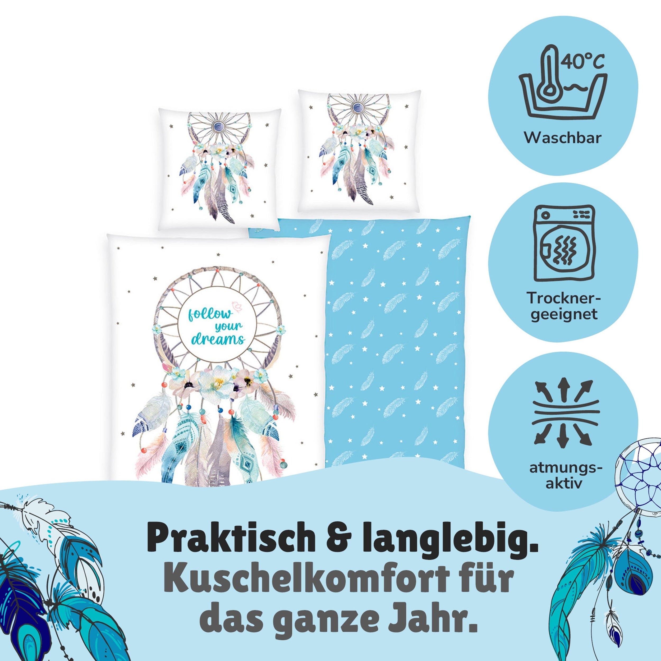 Traumfänger Bettwäsche Set 2-teilig, türkis, 135x200 80x80 cm - Bettwäsche, Öko-Tex aus 100% Baumwolle mit Reißverschluss