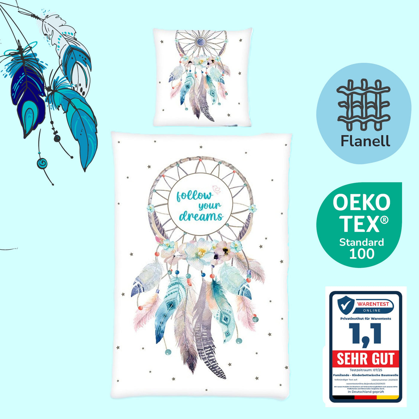 Bettwäsche Set 2-teilig mit Traumfänger auf weißer Vorderseite und Wendeseite in türkis mit Sternen & Feder Muster 
