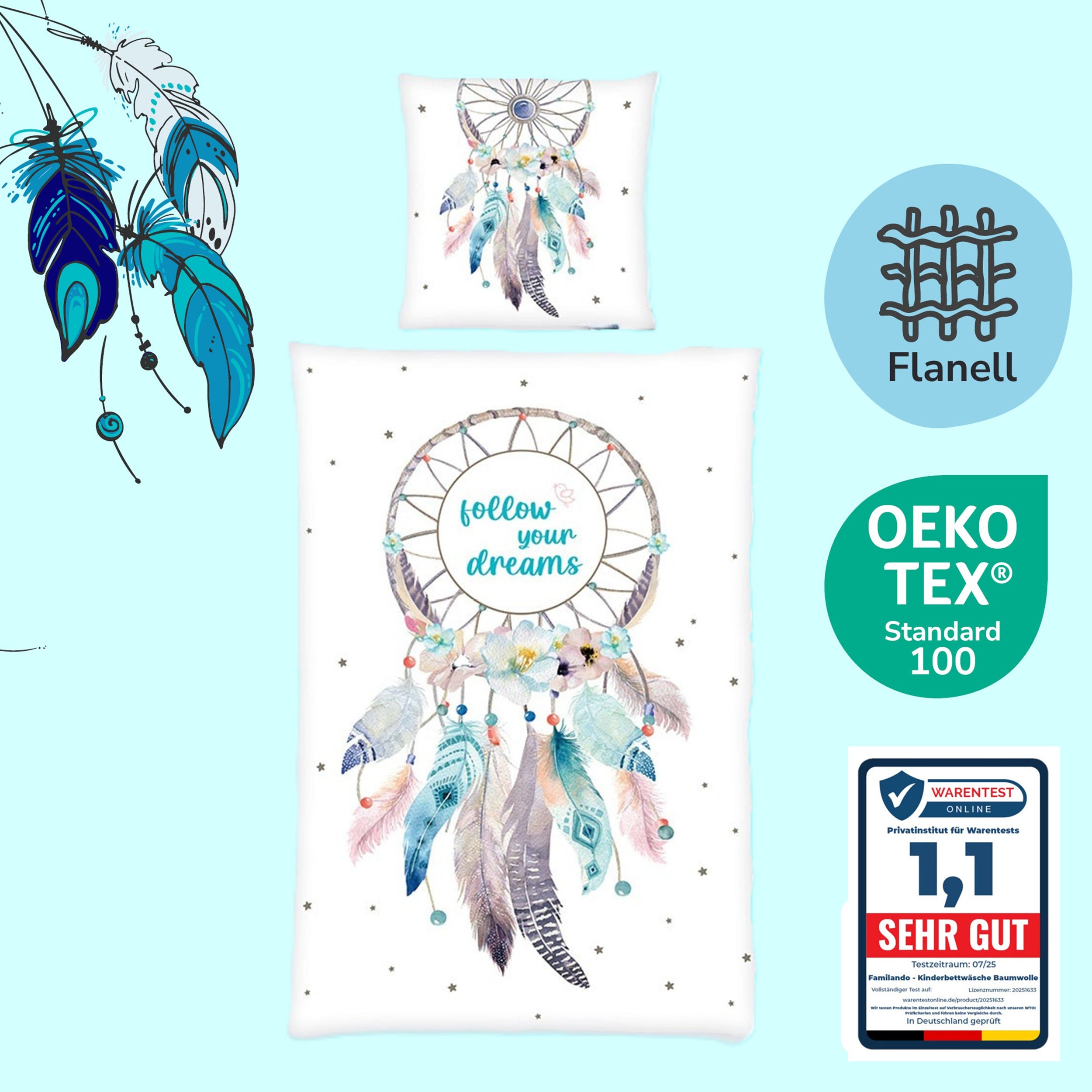 Bettwäsche Set 2-teilig mit Traumfänger auf weißer Vorderseite und Wendeseite in türkis mit Sternen & Feder Muster 