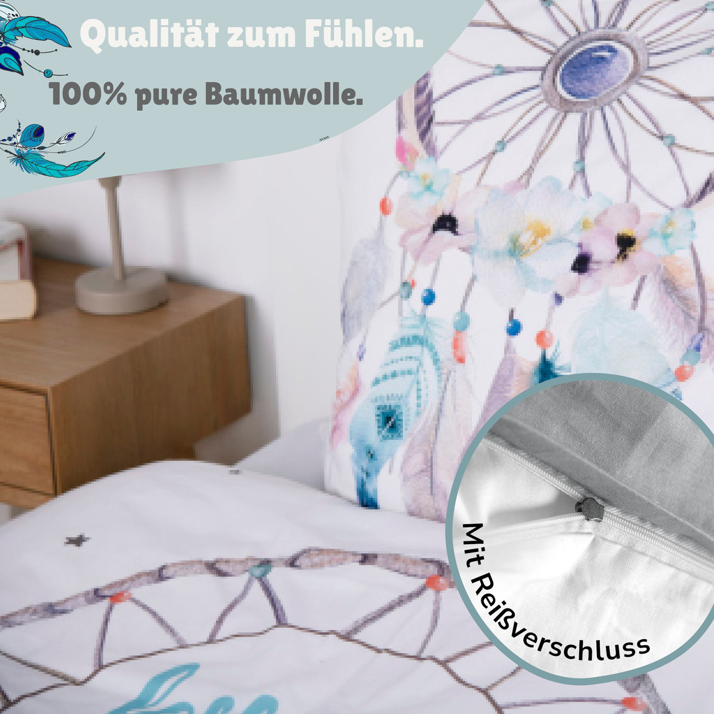 Detailansicht Design Kopfkissen + Info Reißverschluss