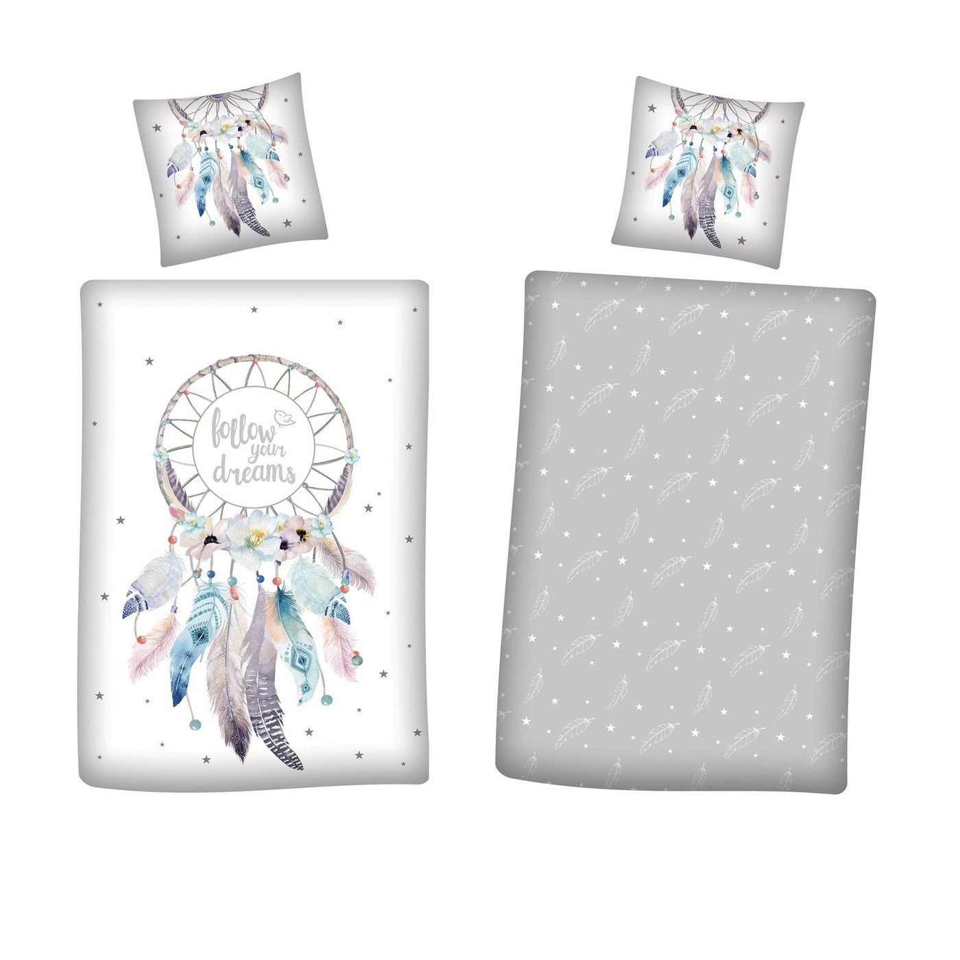 Traumfänger Bettwäsche Set 2-teilig, grau, 135x200 80x80 cm - Bettwäsche, Öko-Tex aus 100% Baumwolle mit Reißverschluss