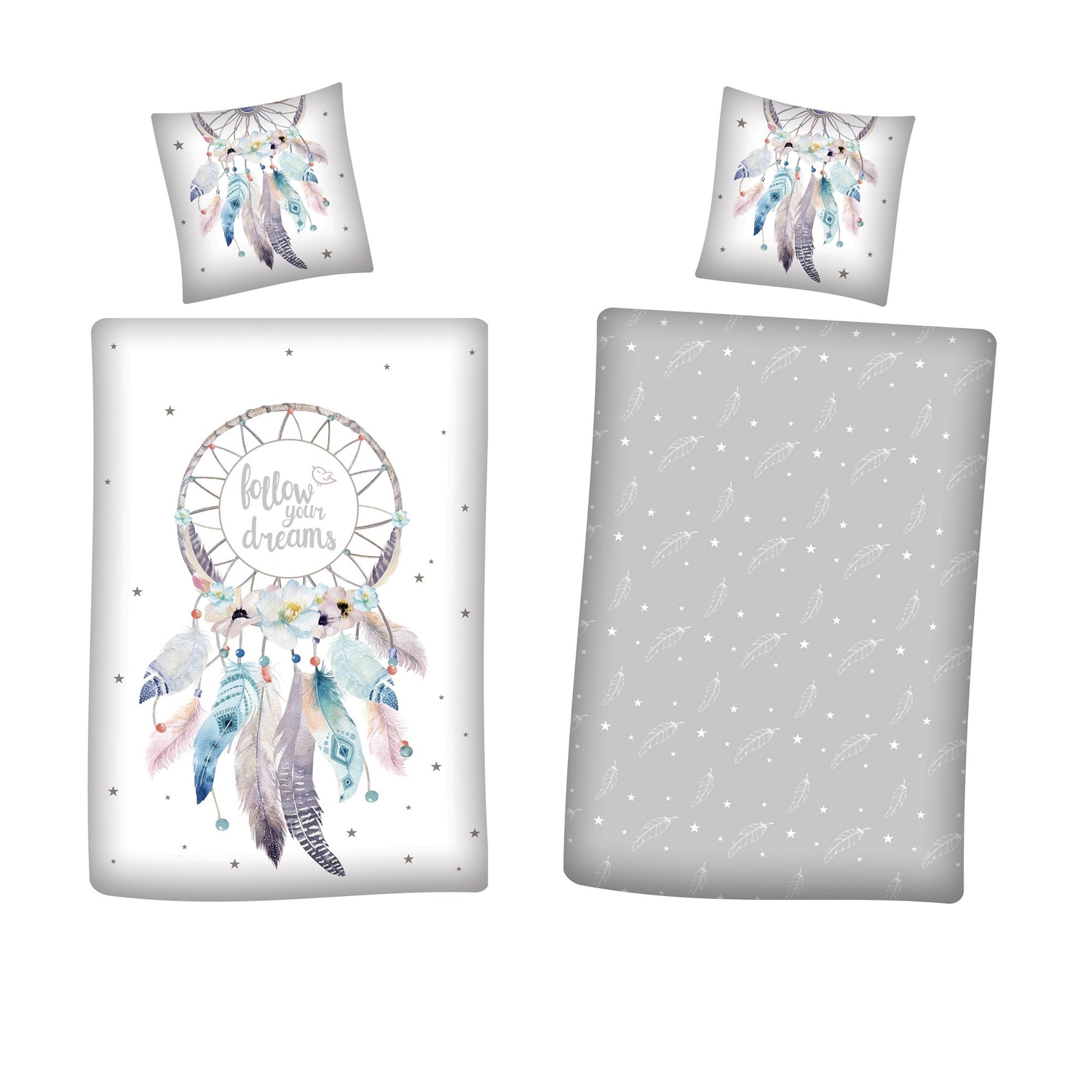 Traumfänger Bettwäsche Set 2-teilig, grau, 135x200 80x80 cm - Bettwäsche, Öko-Tex aus 100% Baumwolle mit Reißverschluss