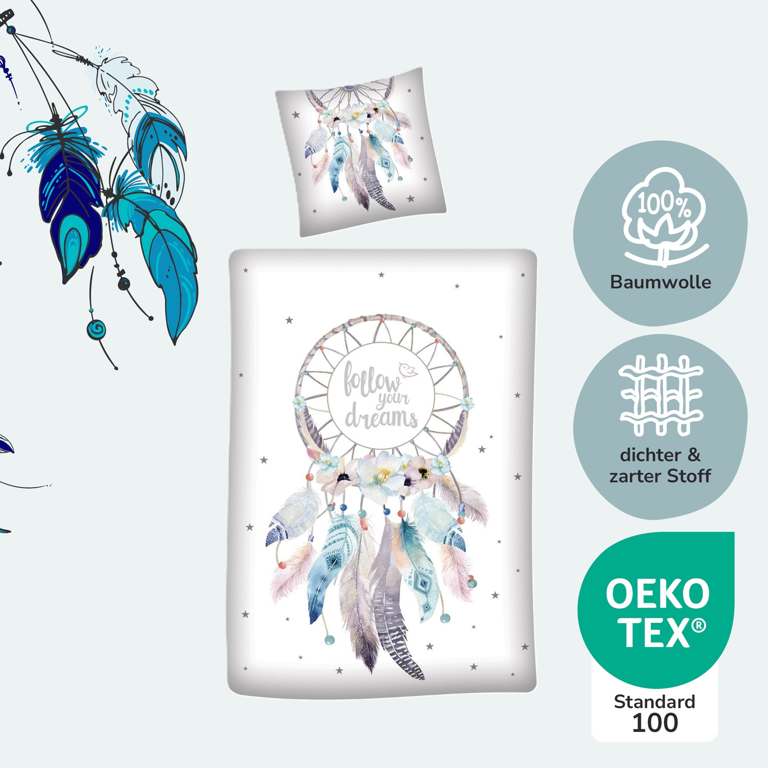 Traumfänger Bettwäsche für Mädchen und Teenager Boho Style -  Bettwäsche Set 135x200 80x80 cm aus 100% Baumwolle mit Reißverschluss