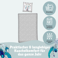 graue Rückseite mit Info zur Pflege der Bettwäschen