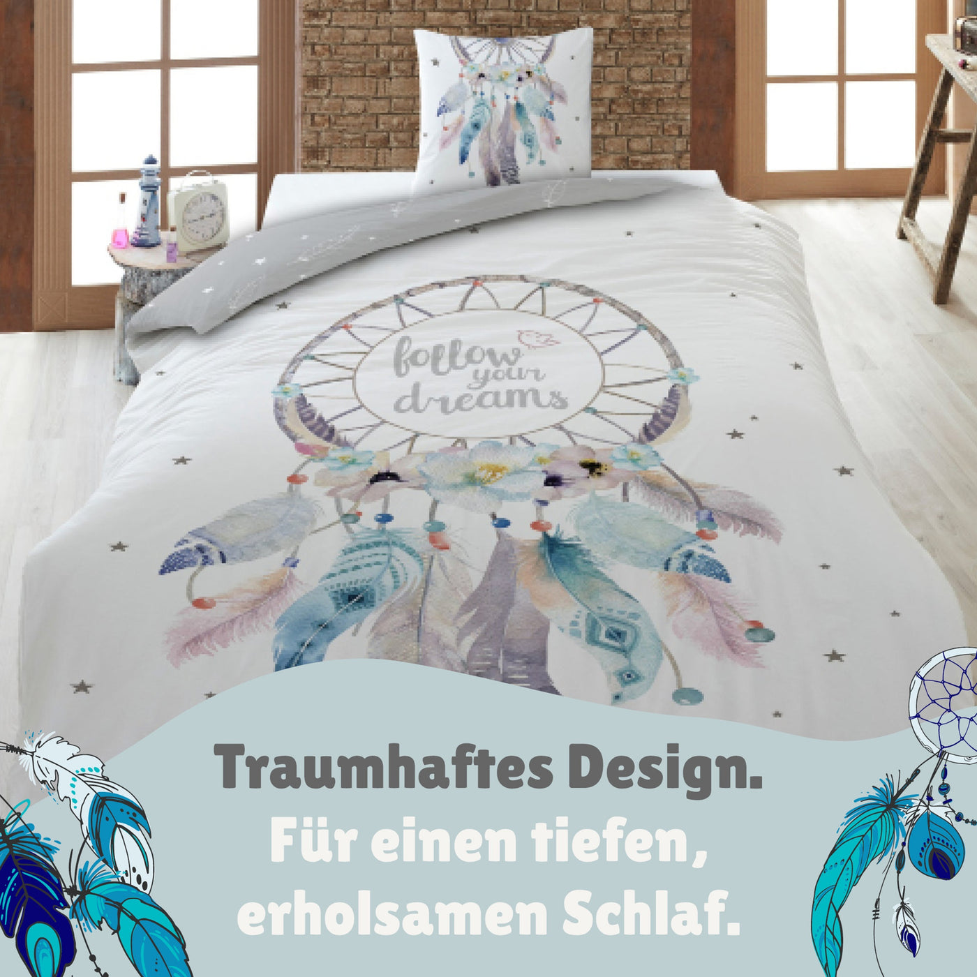 Traumfänger Bettwäsche für Mädchen und Teenager Boho Style -  Bettwäsche Set 135x200 80x80 cm aus 100% Baumwolle mit Reißverschluss
