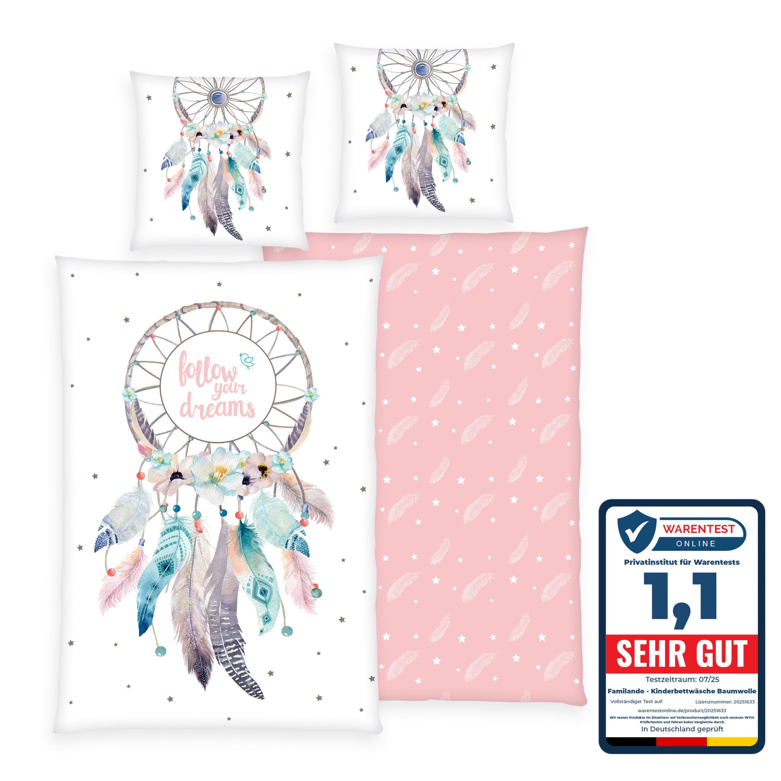 Infotafel Note 1,1 bei Warentest Online für Baumwoll-Bettwäsche von Familando