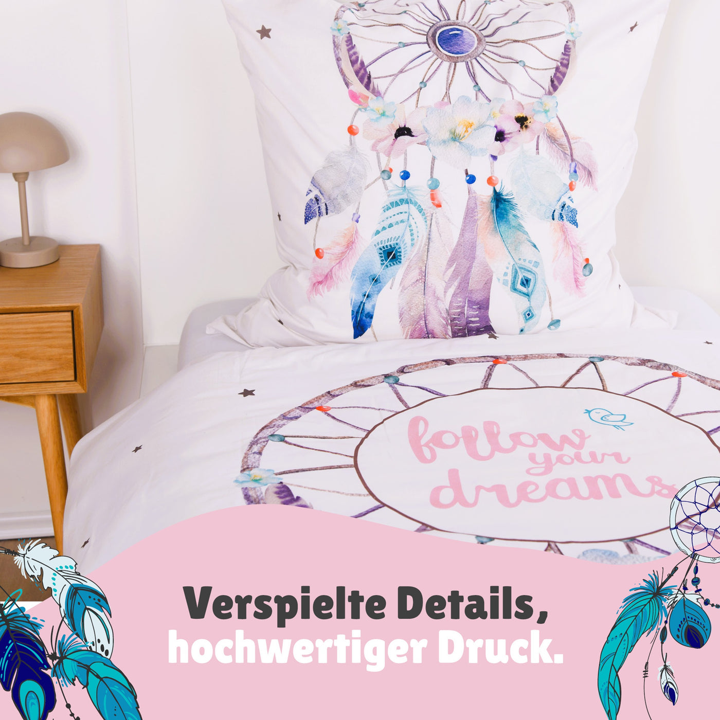 Detailanscith Kopfkissen mit Traumfänger und Decke mit Spruch "Follow your Dreams"