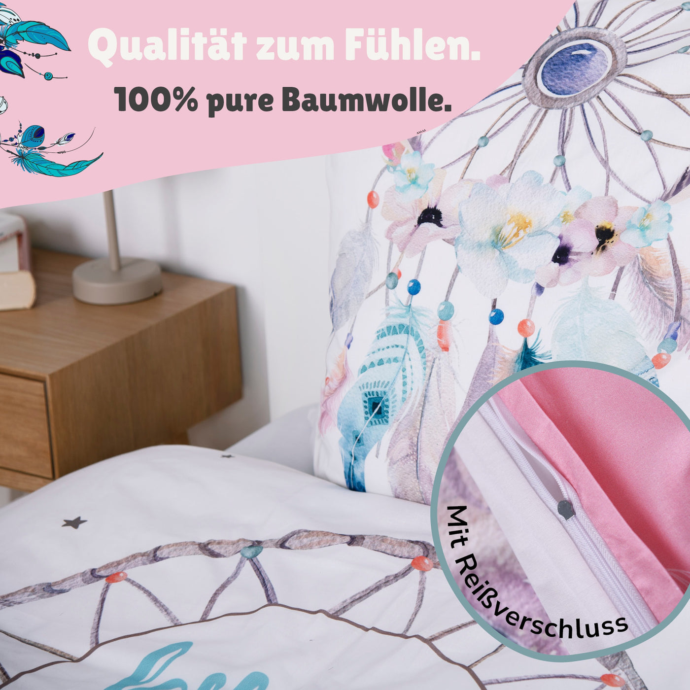 Infotafel + Detailansicht Reißverschluss an beiden Bezügen