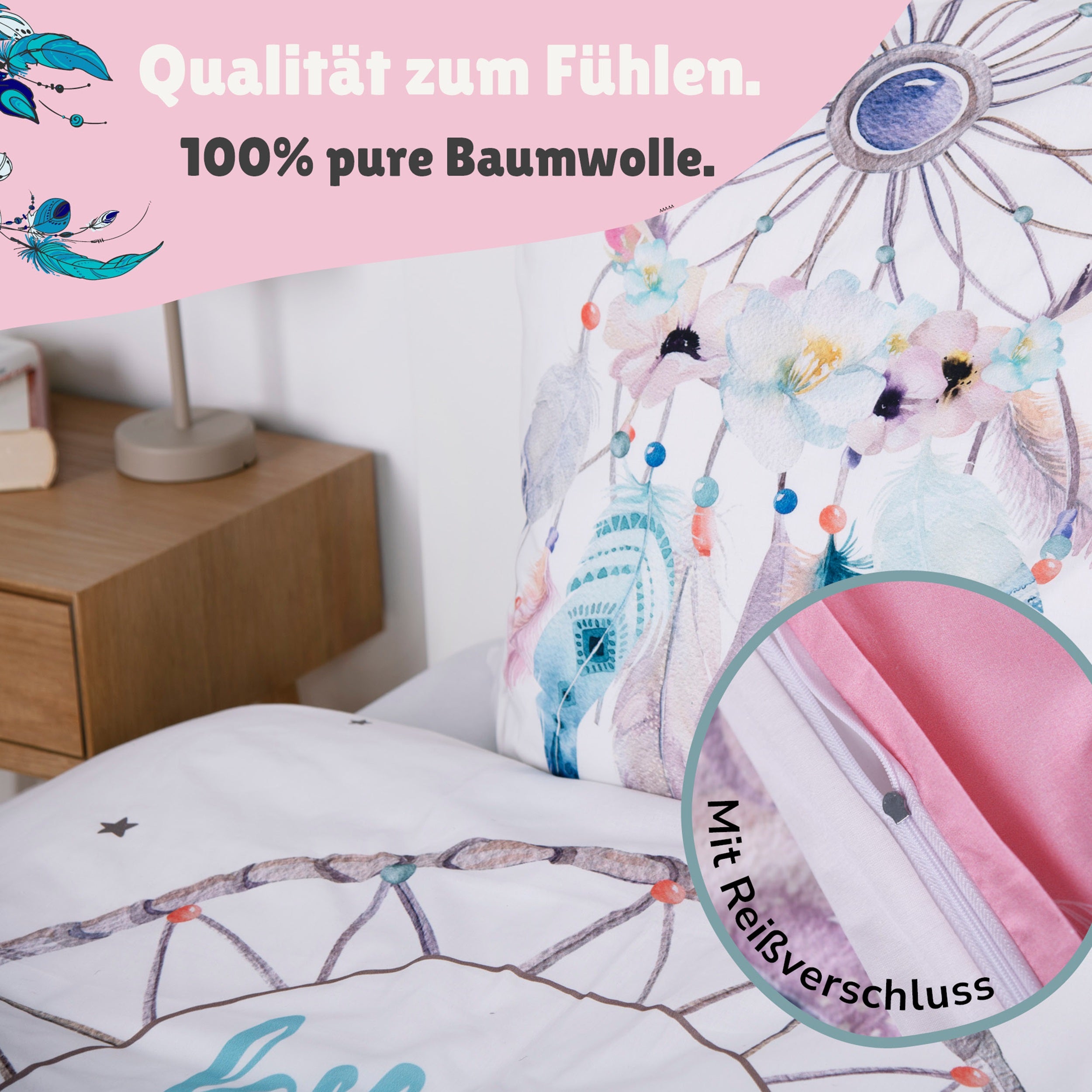 Infotafel + Detailansicht Reißverschluss an beiden Bezügen