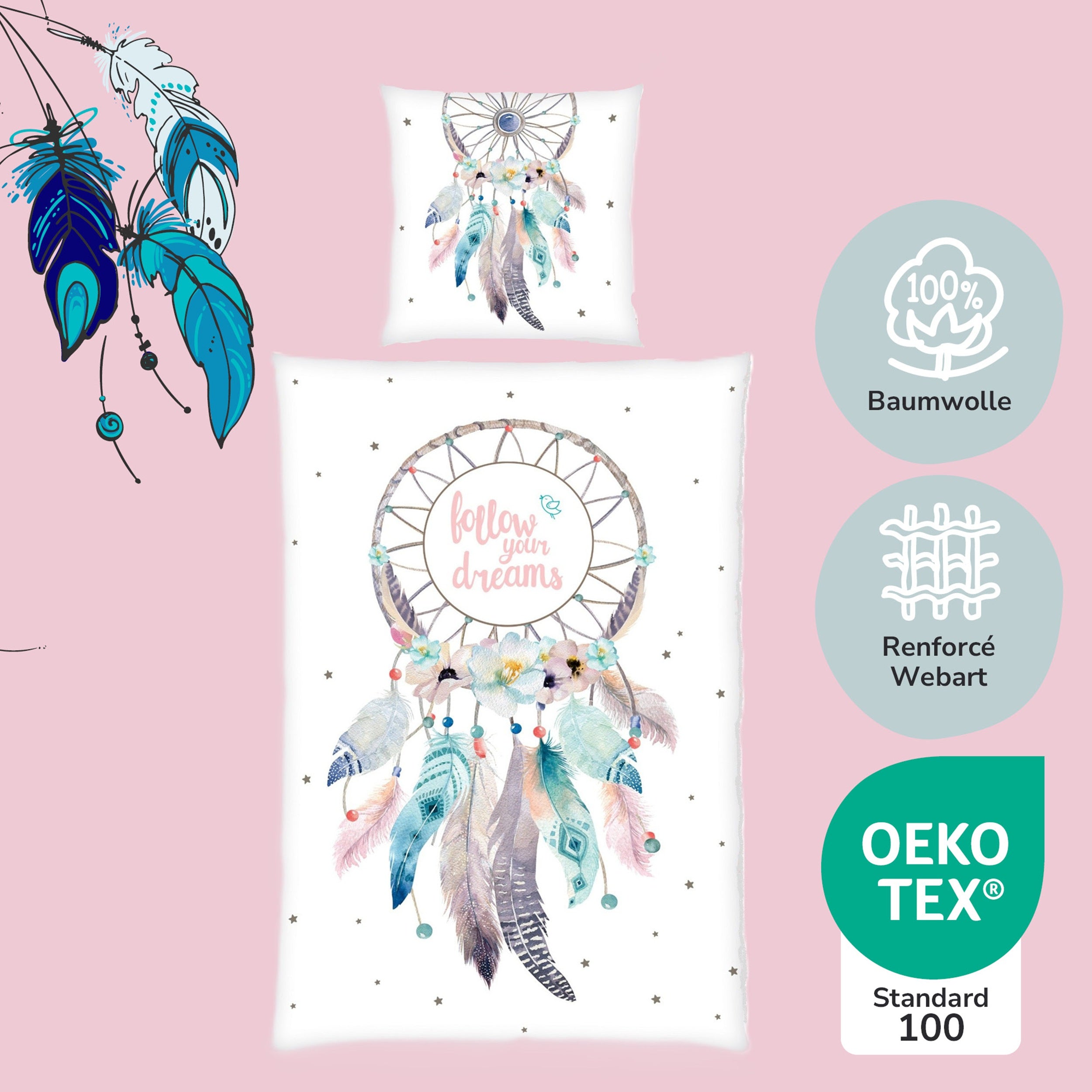 Rosa Traumfänger Bettwäsche Set mit heller Vorder- und Rosa Wendeseite mit Federn