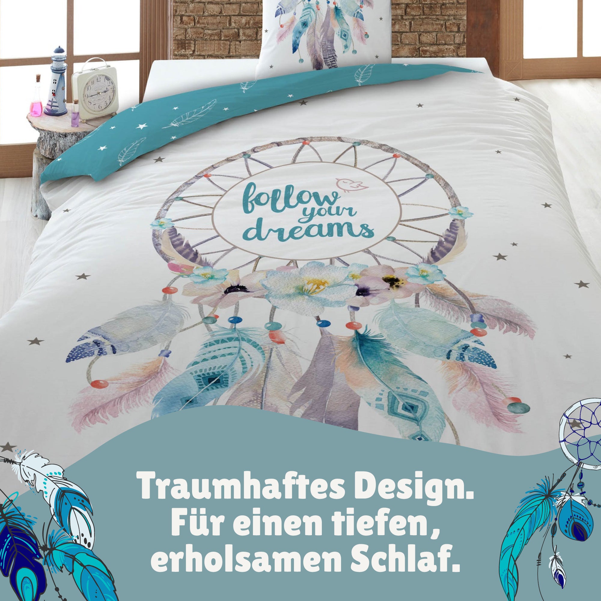 Traumfänger Bettwäsche auf Bett gezogen 