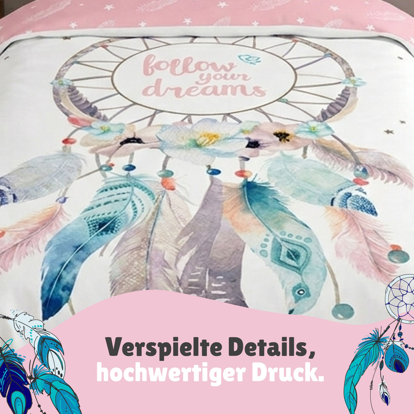 Detailanscith Kopfkissen mit Traumfänger und Decke mit Spruch "Follow your Dreams"