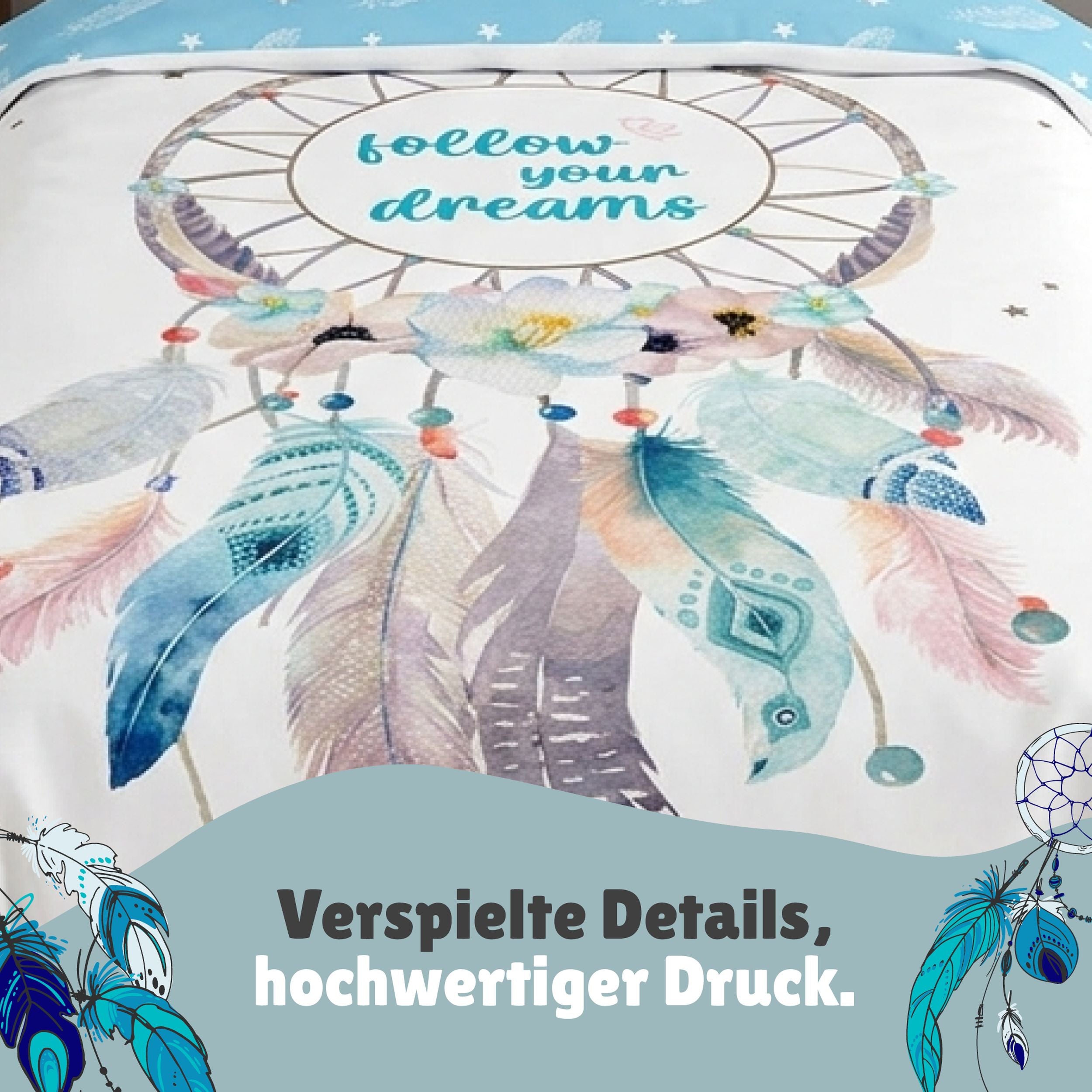 Traumfänger Bettwäsche Set 2-teilig, türkis, 135x200 80x80 cm - Bettwäsche, Öko-Tex aus 100% Baumwolle mit Reißverschluss