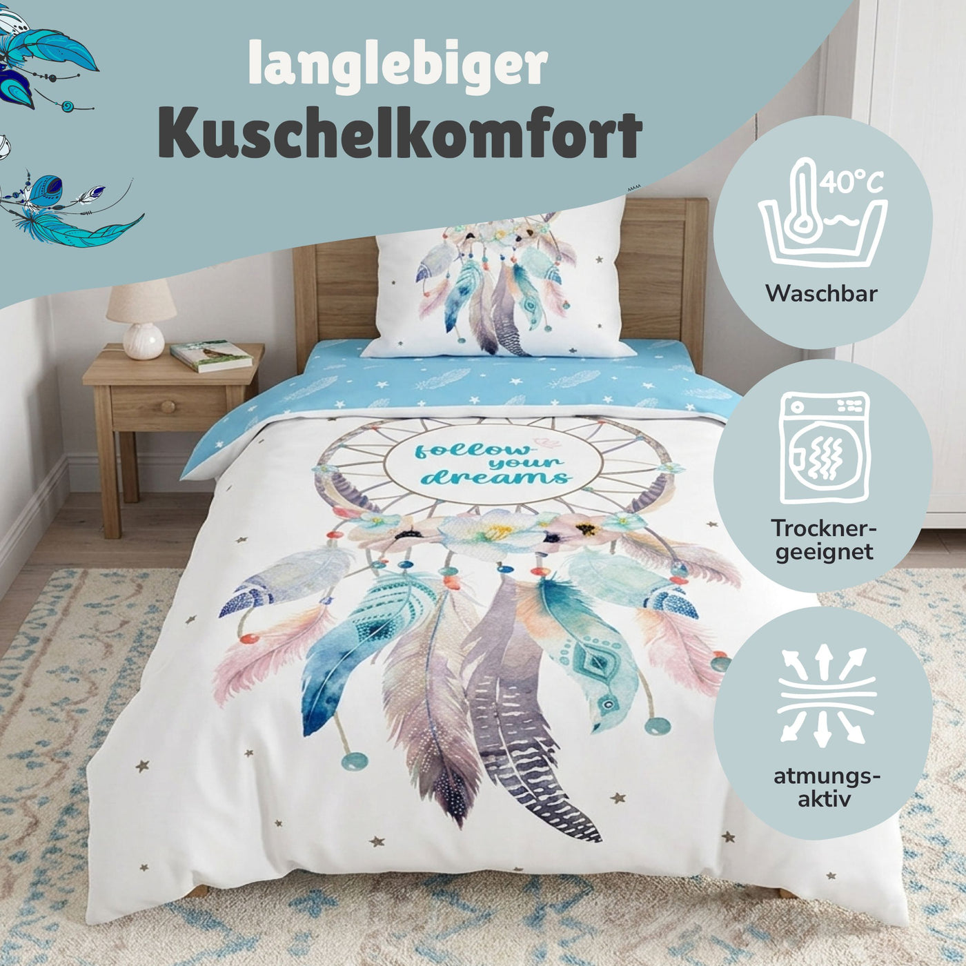 Traumfänger Bettwäsche Set 2-teilig, türkis, 135x200 80x80 cm - Bettwäsche, Öko-Tex aus 100% Baumwolle mit Reißverschluss