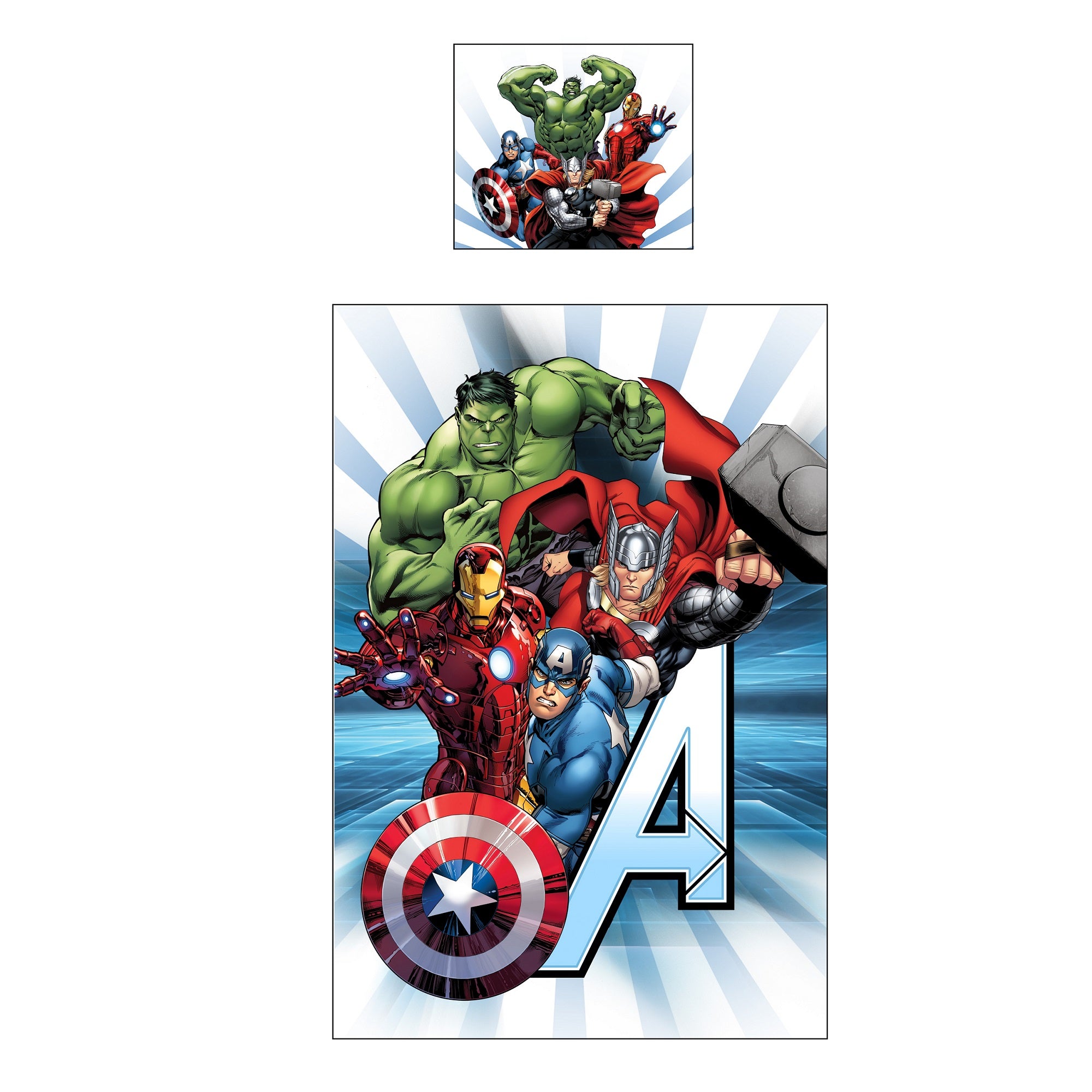 Vorderseite weiß mit Avengers Charakteren auf Bettdecken und Kopfkissenbezug