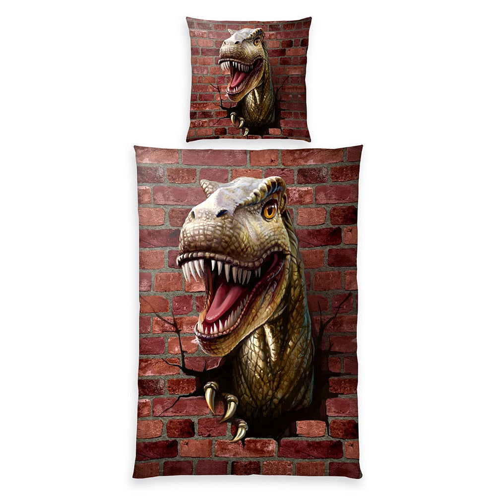Vorderseite der Bettwäsche mit T-Rex der durch rote Mauer bricht