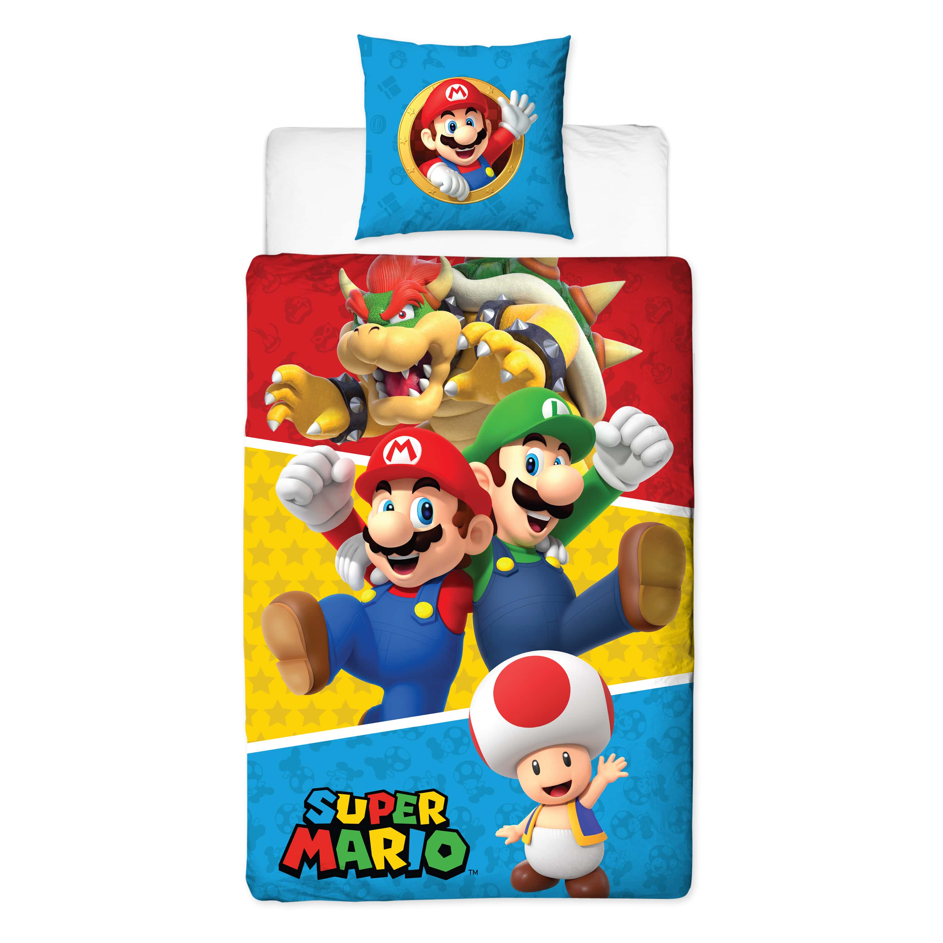 Vorderseite der Super Mario Bettwäsche mit buntem Muster Mario, Luigi, Bowser und Toad