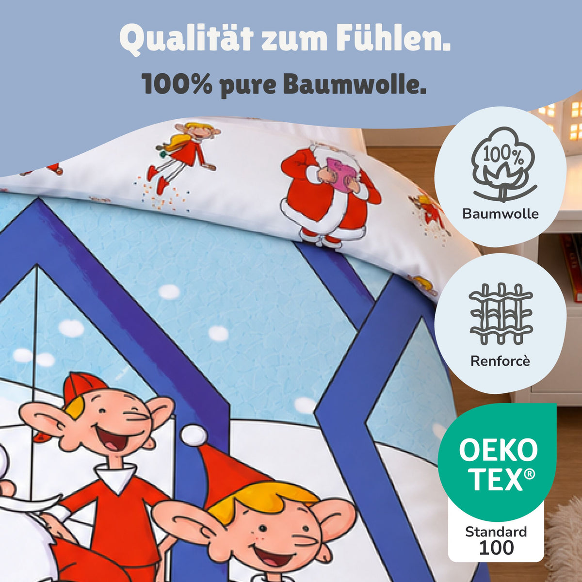 WUCK Weihnachtsmann & Co.KG Kinder Bettwäsche Set 135x200 80x80 cm aus 100% Baumwolle