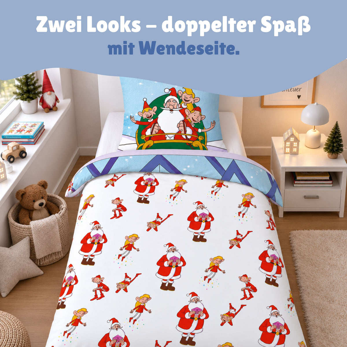 WUCK Weihnachtsmann & Co.KG Kinder Bettwäsche Set 135x200 80x80 cm aus 100% Baumwolle