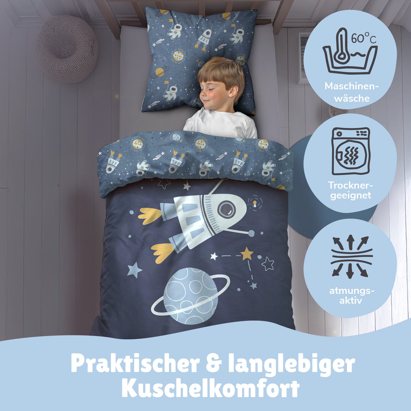 Kinderbettwäsche Set 135x200 80x80 cm Blaues Weltall Motiv mit Rakete aus 100% Baumwolle mit Reißverschluss