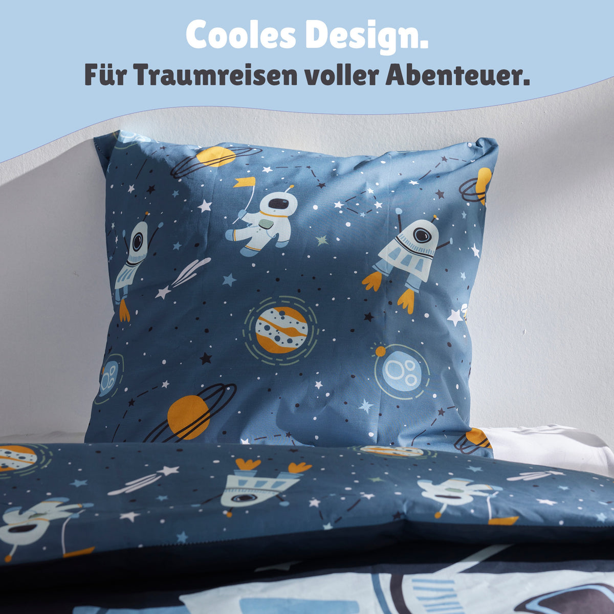 Weltall Bettwäsche Set 2-teilig 135x200 80x80 cm - Renforcé Kinderbettwäsche Rakete aus 100% Baumwolle mit Reißverschluss - maschinenwaschbar, Öko-Tex
