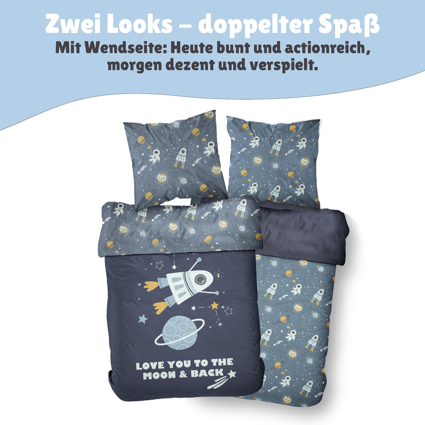 Weltall Bettwäsche Set 2-teilig 135x200 80x80 cm - Renforcé Kinderbettwäsche Rakete aus 100% Baumwolle mit Reißverschluss - maschinenwaschbar, Öko-Tex