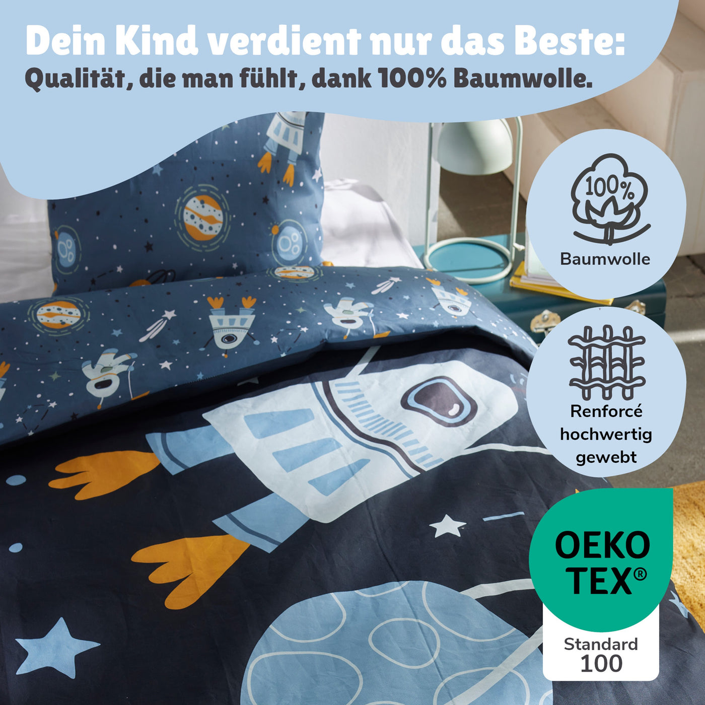 Kinderbettwäsche Set 135x200 80x80 cm Blaues Weltall Motiv mit Rakete aus 100% Baumwolle mit Reißverschluss