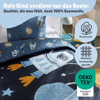 Kinderbettwäsche Set 135x200 80x80 cm Blaues Weltall Motiv mit Rakete aus 100% Baumwolle mit Reißverschluss
