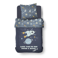 Kinderbettwäsche Set 135x200 80x80 cm Blaues Weltall Motiv mit Rakete aus 100% Baumwolle mit Reißverschluss