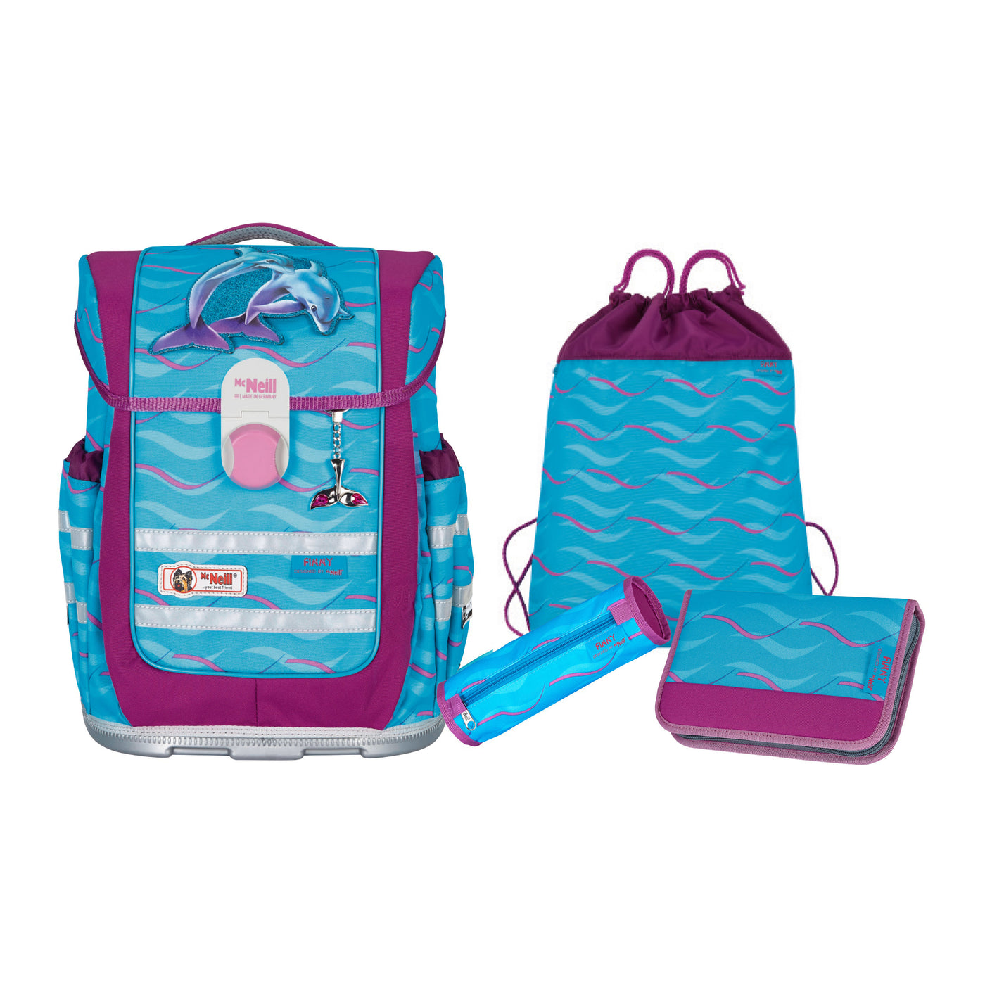 Blauer McNeill Ergo Complete Schulranzen Modell "Finny" mit Delfin Motiv im 5-teiligen Grundset mit Turnbeutel, Schlamperetui, Federmappe und Motivmagnet