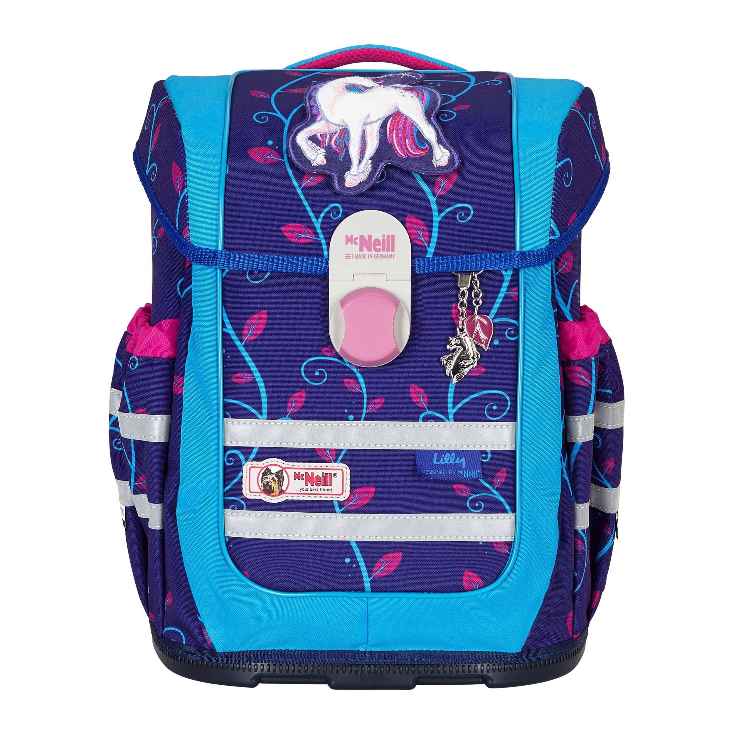 McNeill Schulranzen mit Einhorn "Lilly" Frontansicht mit 2 Seitentaschen, Drehschloss und Frontfach